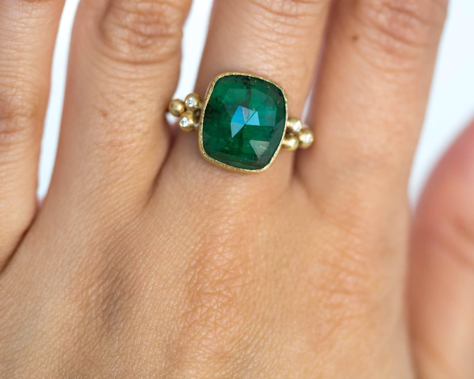 2000s Yellow Gold Emerald and Diamond Hammered Finish Ring 2