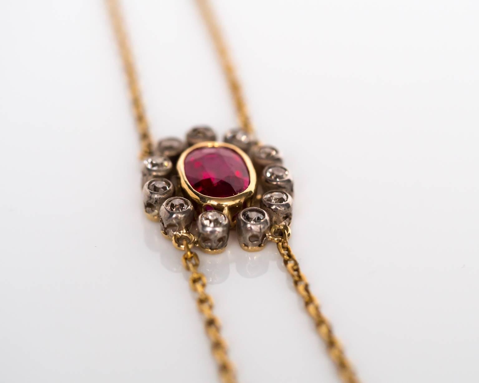 1890s Victorian Diamond Gold and Synthetic Ruby Necklace In Excellent Condition For Sale In Atlanta, GA