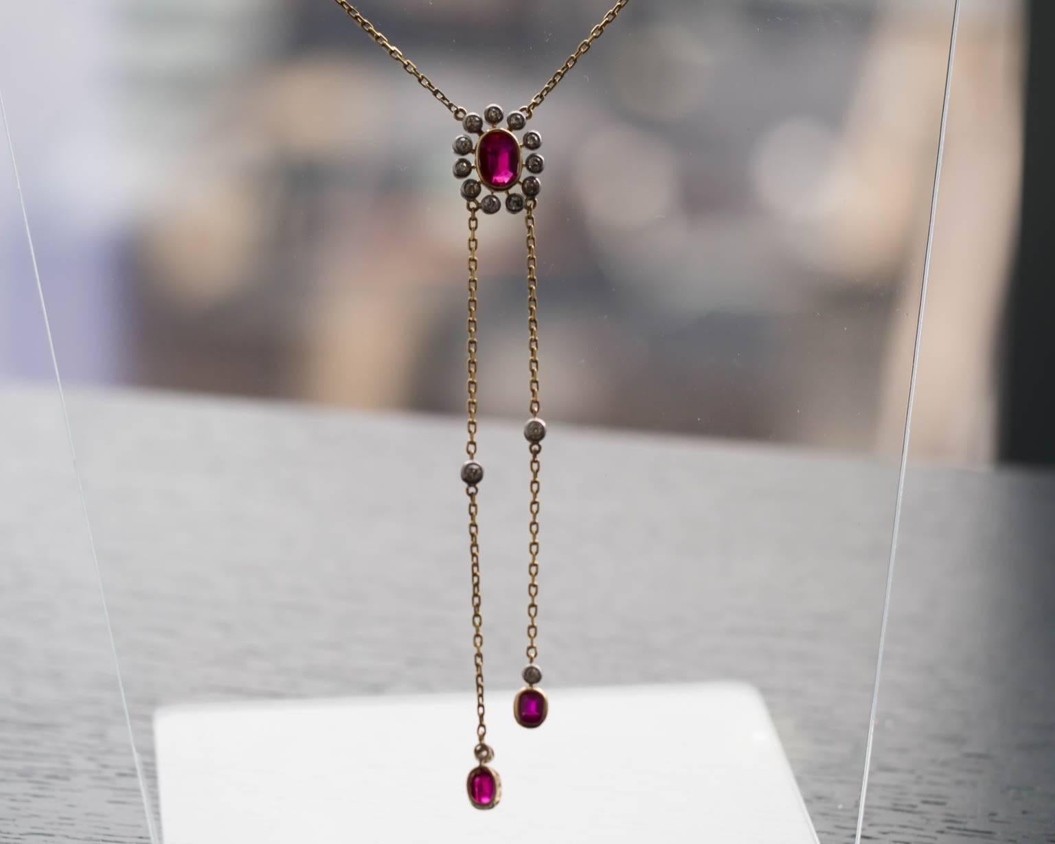 1890s Victorian Diamond Gold and Synthetic Ruby Necklace For Sale 2