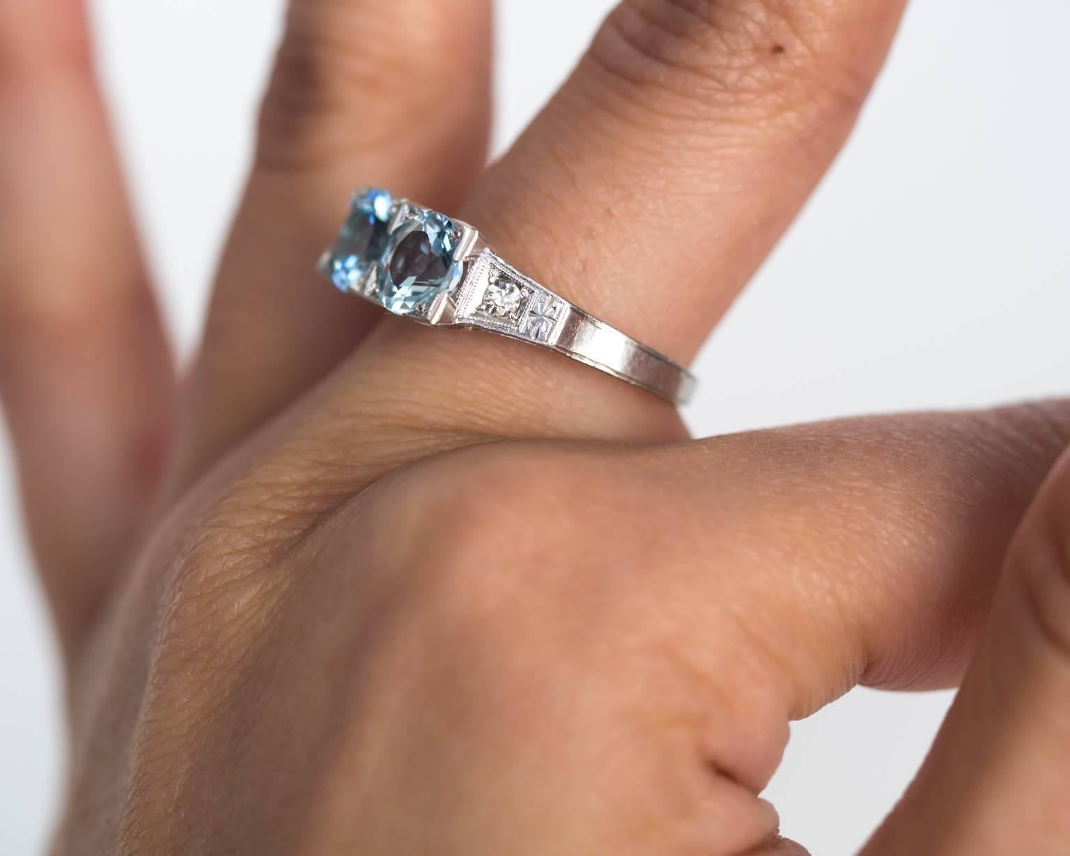 Women's 1930s Art Deco Platinum London Blue Topaz and Diamond Engagement Ring For Sale