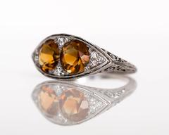 1910 Edwardian Platinum Navette Shape Two-Stone Citrine and Diamond Ring
