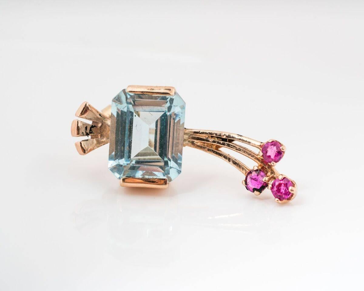 Retro 1950s Aquamarine Ruby Gold Drop Earrings 