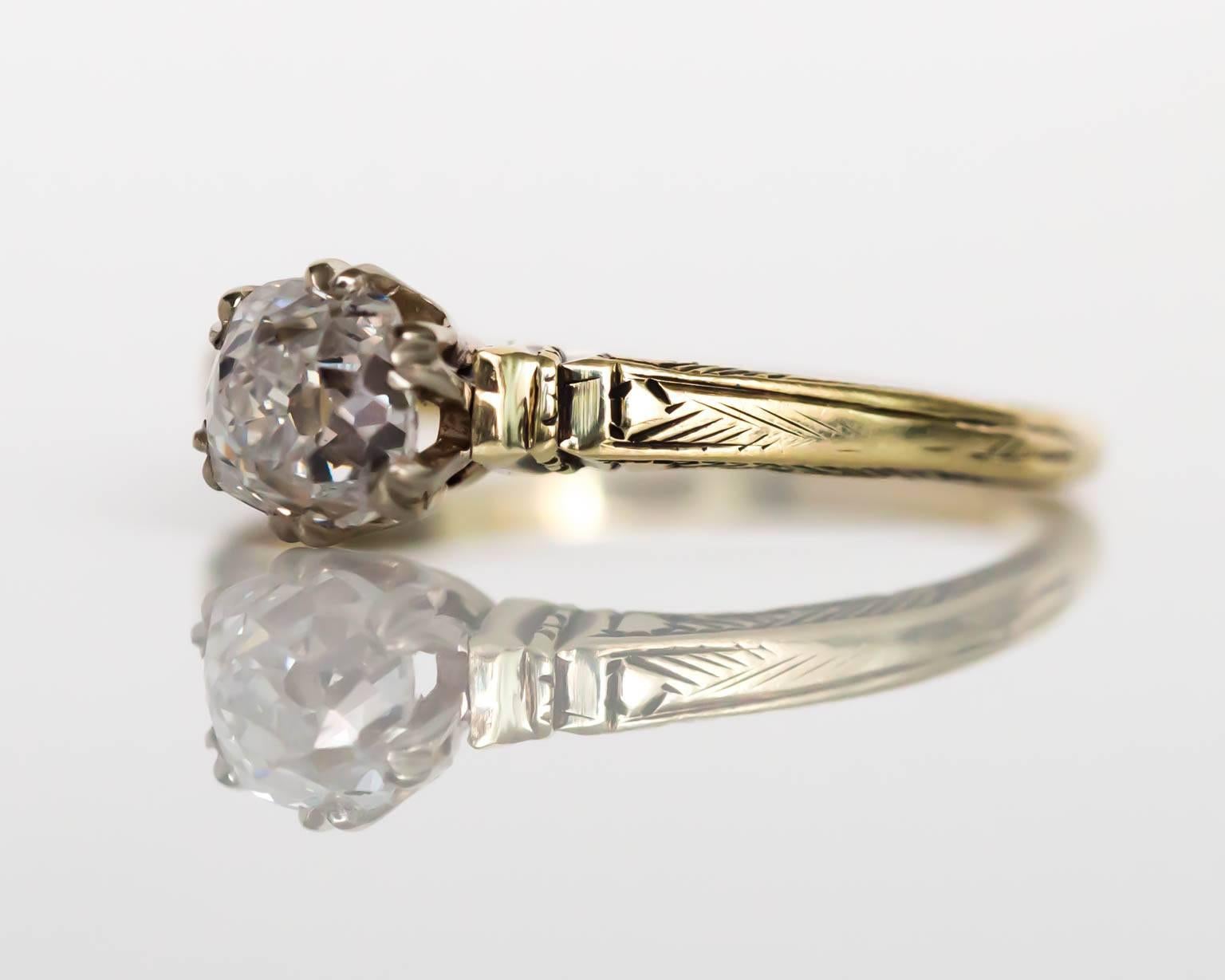Item Details: 
Ring Size: 4.75
Metal Type: 9 Karat Yellow Gold
Weight: 1.8 grams

Center Diamond Details
GIA CERTIFIED Center Diamond - Certificate #5171927780
Shape: Old Mine Brilliant
Carat Weight: .63 Carat
Color: E
Clarity: