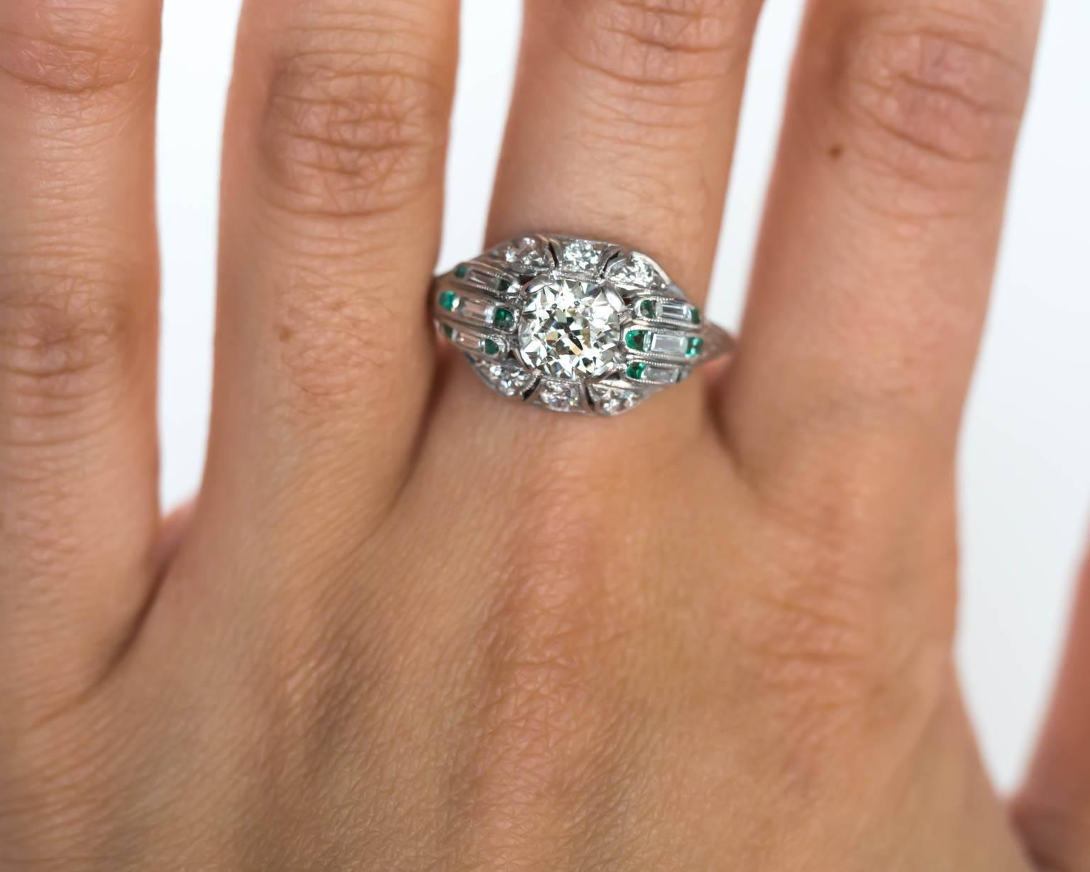 Women's 1920s Art Deco Emerald Diamond Platinum Engagement Ring For Sale