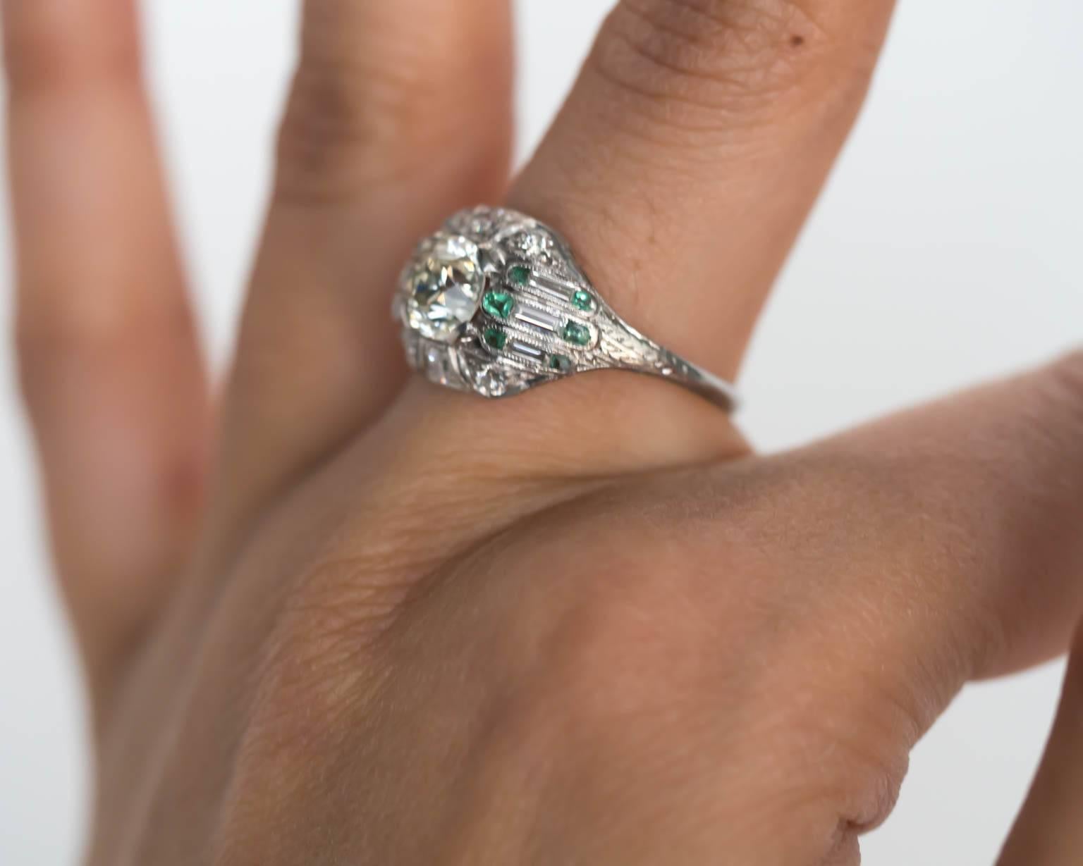1920s Art Deco Emerald Diamond Platinum Engagement Ring For Sale 1