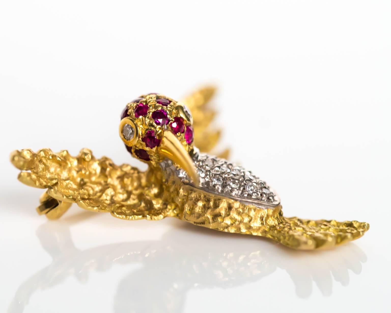 Women's or Men's 1980s Ruby Diamond Gold Bird Brooch Pin For Sale