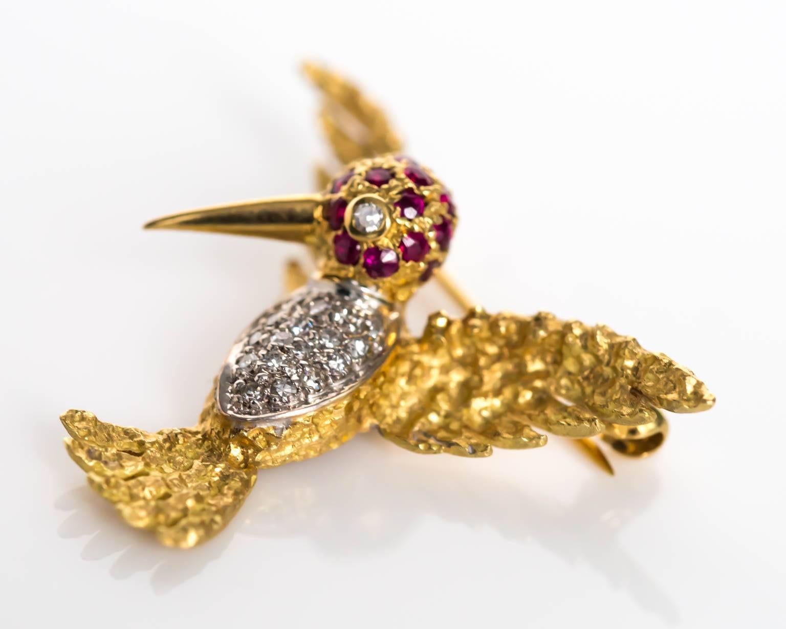 1980s Ruby Diamond Gold Bird Brooch Pin For Sale 1