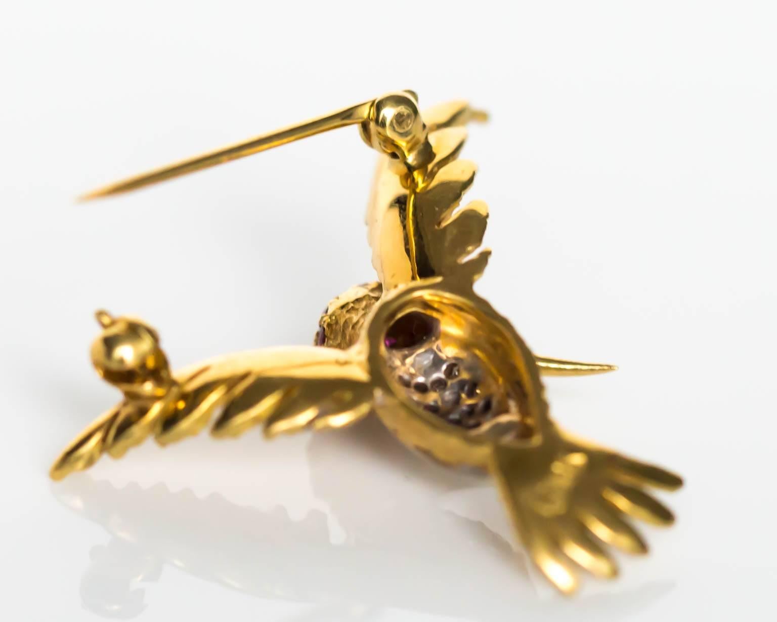 1980s Ruby Diamond Gold Bird Brooch Pin For Sale 2