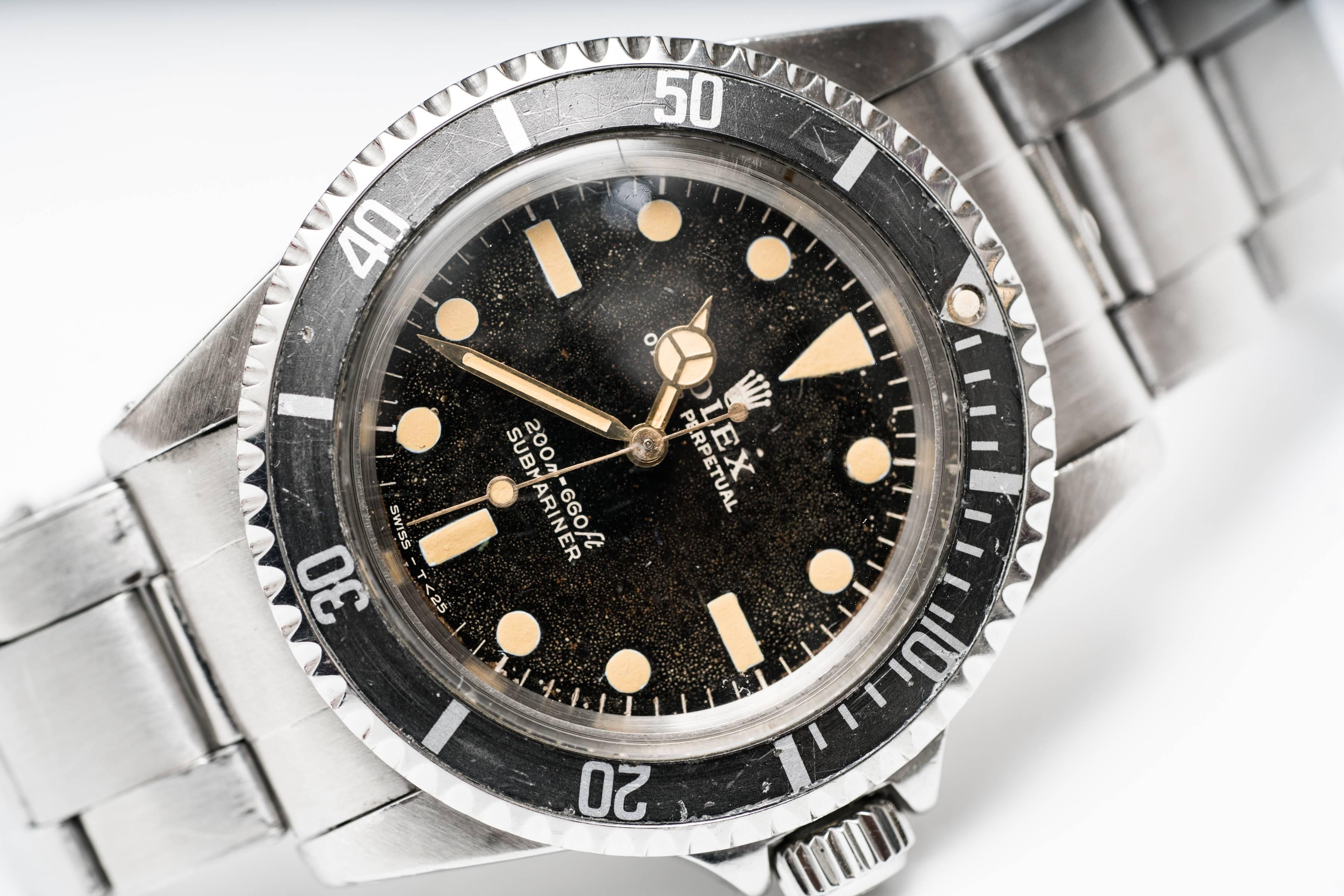 Rolex 5513 Matte Submariner, Rare Collector's Item
Serial #: 348XXX
Model #: 5513
Original Gold Hands 
Meters First Dial (design no longer found in modern Rolexes)
Minor Scratches on Crystal
Subtle Patina Along Dial 
Timeless Rolex Design 
Fits Size