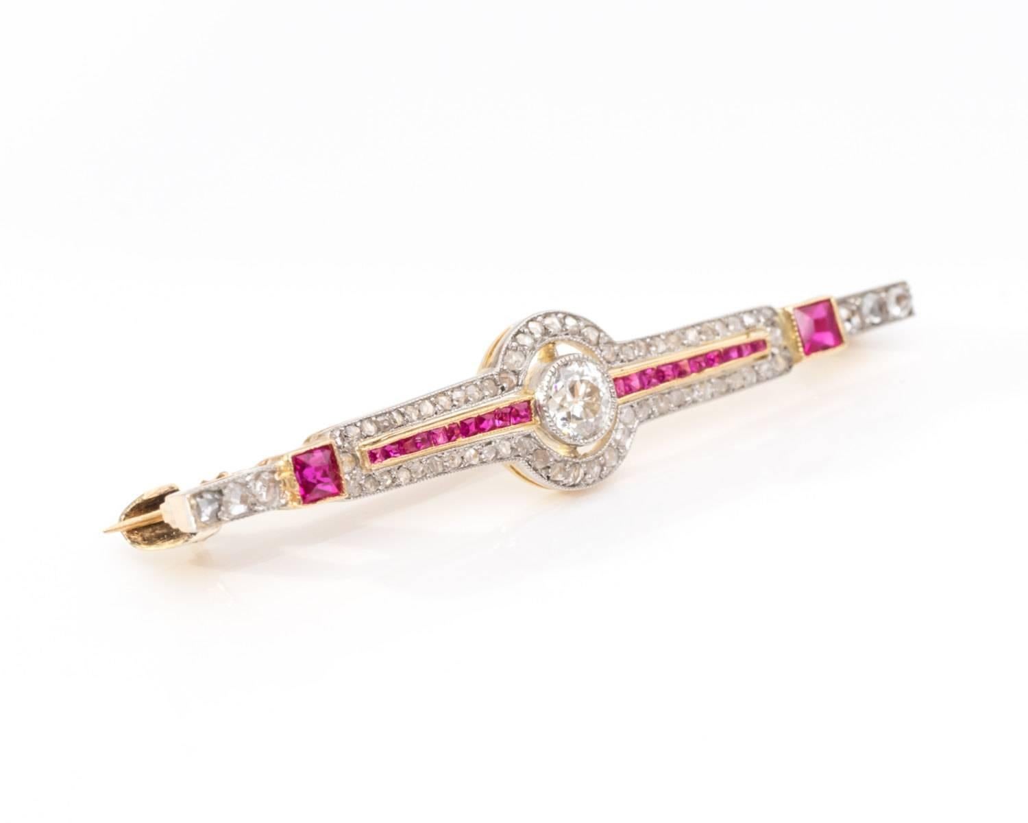 Victorian 1890s Antique French Cut Rubies Rose Cut Diamonds Two-Color Gold Brooch Pin For Sale
