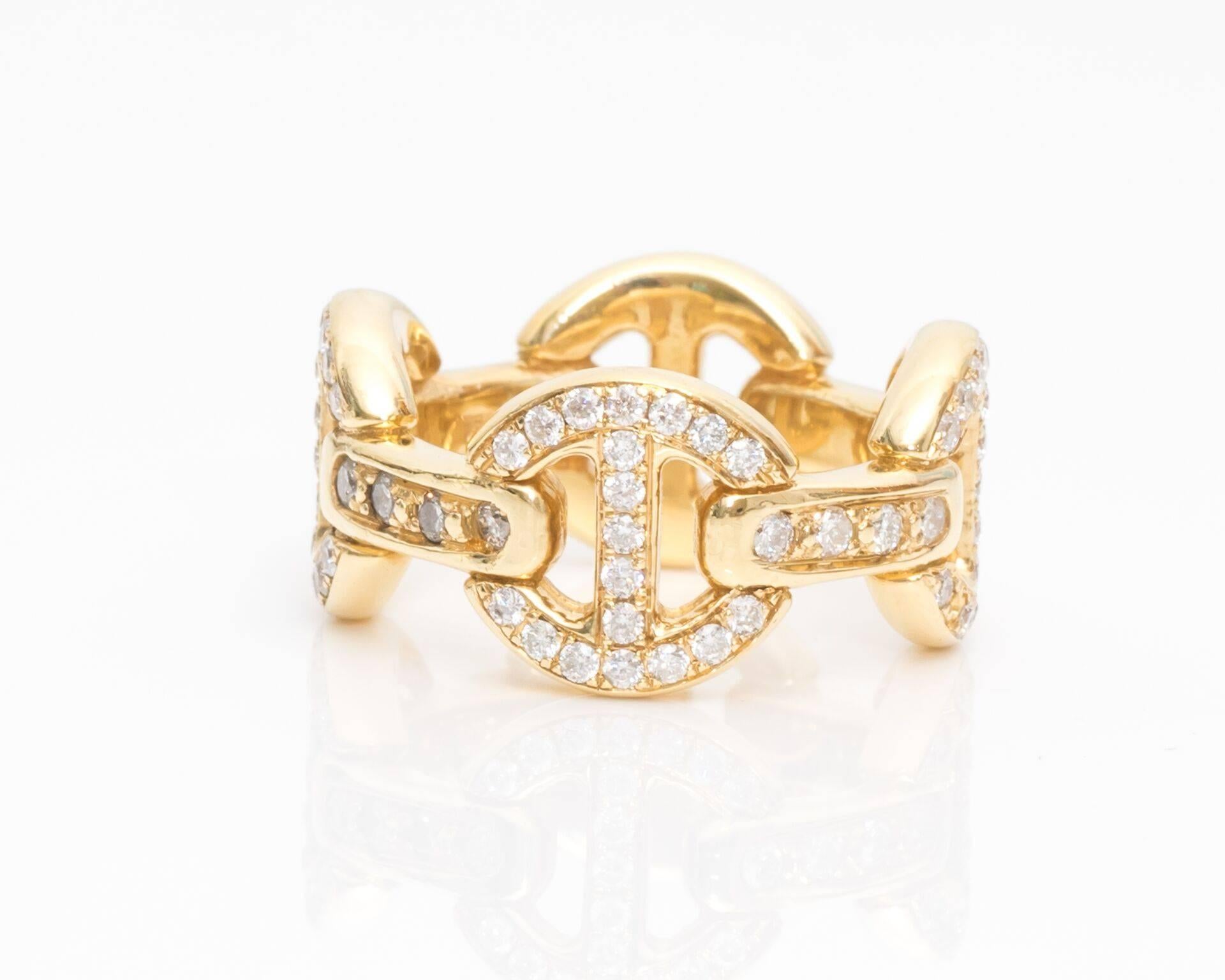 18 Karat Yellow Gold, 18.3 grams
Classic Tri-Link Band
Unisex
Embellished in Diamonds, 2.50 carats total weight 
G-H Color
VS2-SI2 Clarity 

Fits Ring Size 9, and cannot be resized. 
