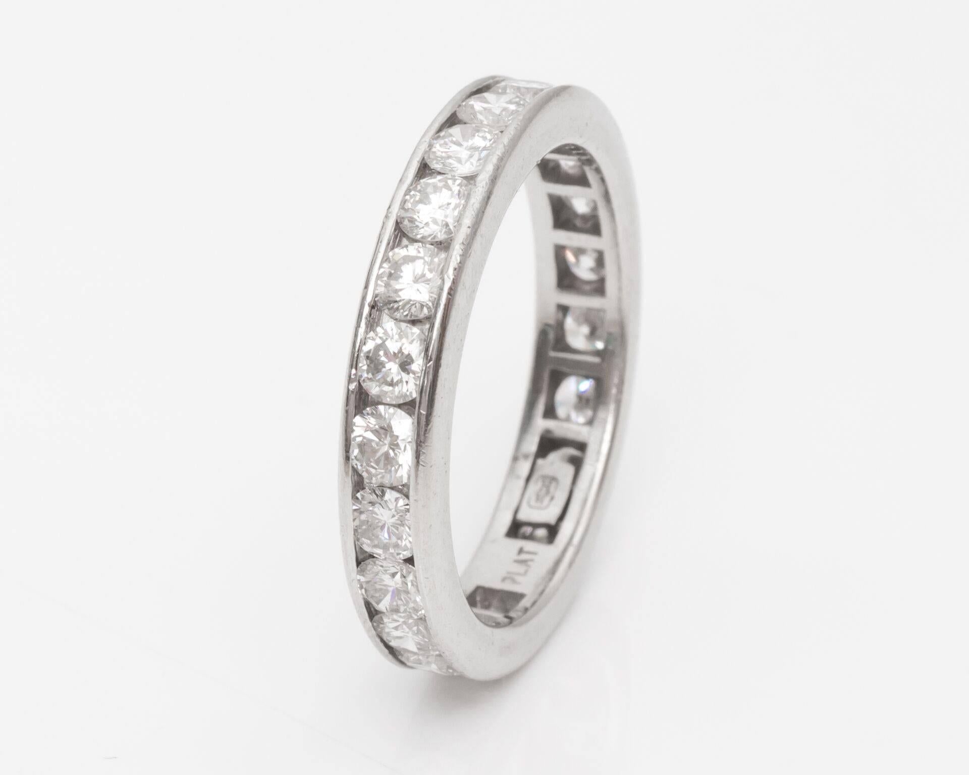 20 Round Brilliant-Cut Diamonds weighing 2.05 carats total
D-F Color
VS2 Clarity
Platinum 6.3 grams
Ring Size 8.5 (cannot be resized)
Hallmarked 