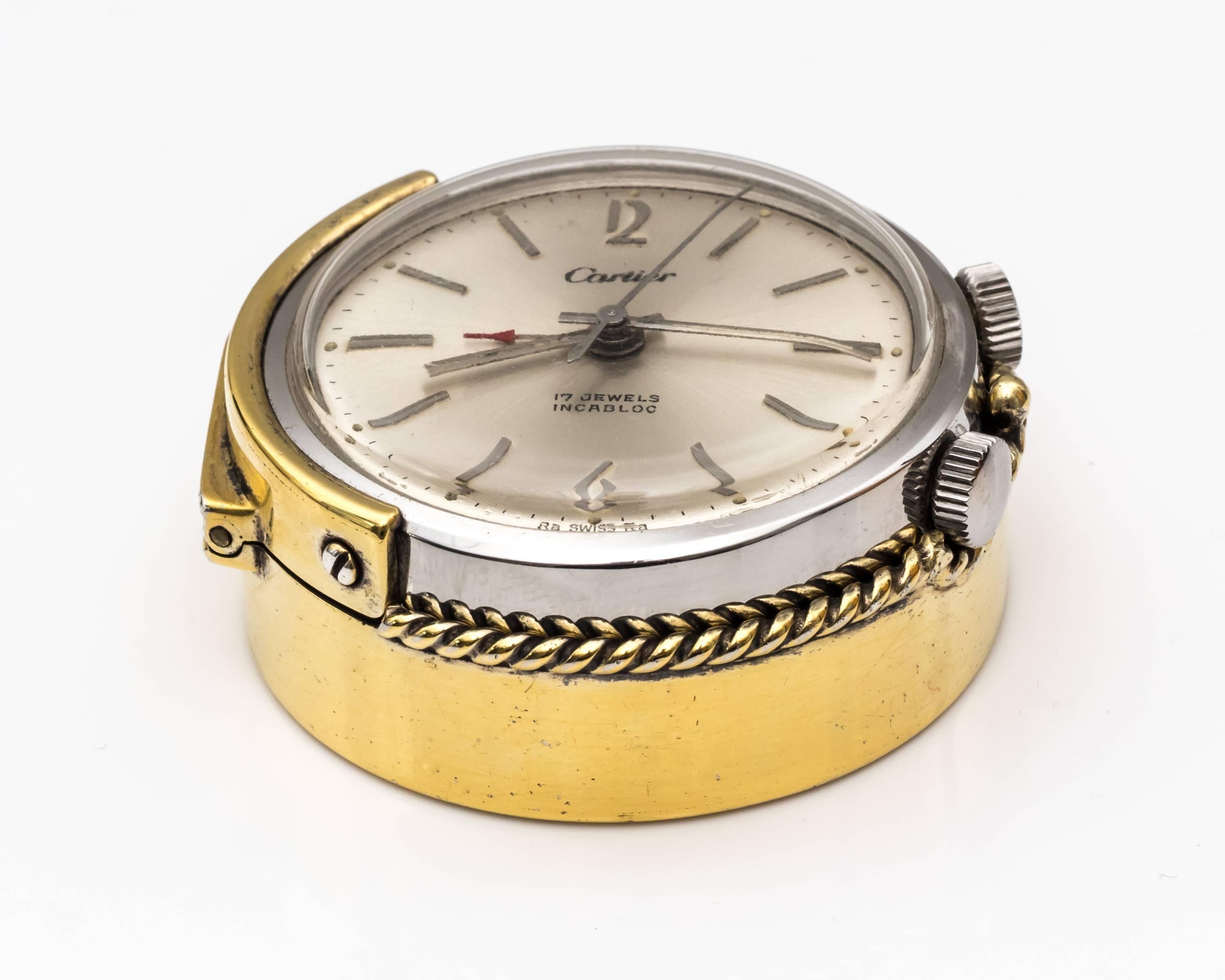 1950er Cartier Reisewecker- Alarmuhr aus Sterlingsilber und vergoldetem Silber (Retro) im Angebot