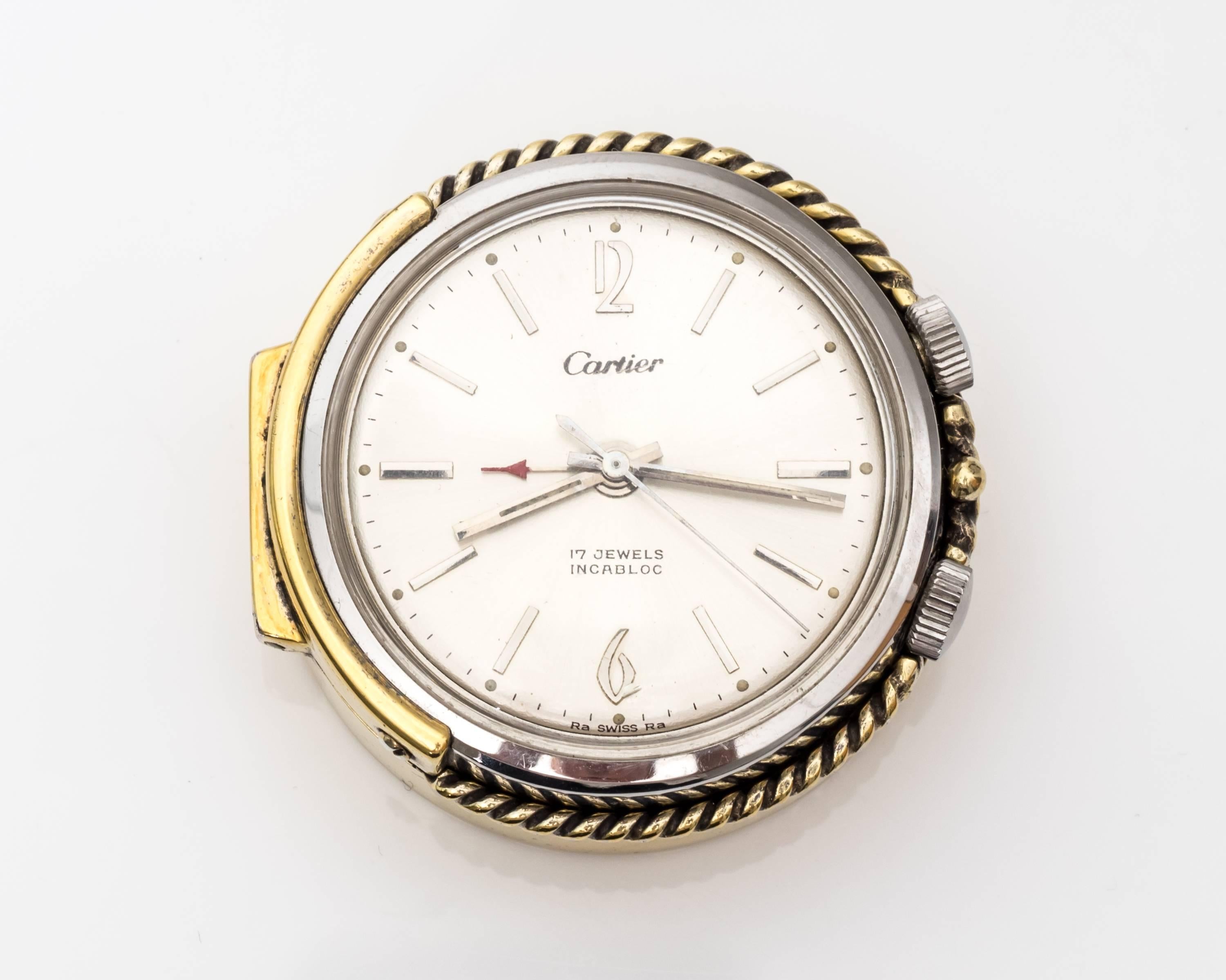 1950s Cartier Sterling Silver and Gold-Plated Travel Alarm Clock In Good Condition For Sale In Atlanta, GA