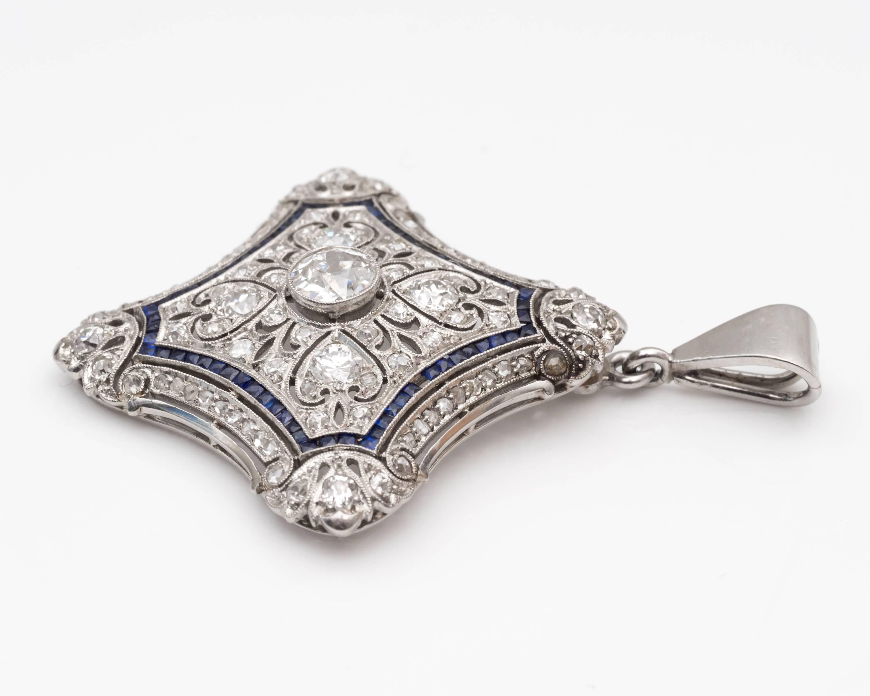 Victorian Antique Sapphire Diamond Gold Platinum Pendant