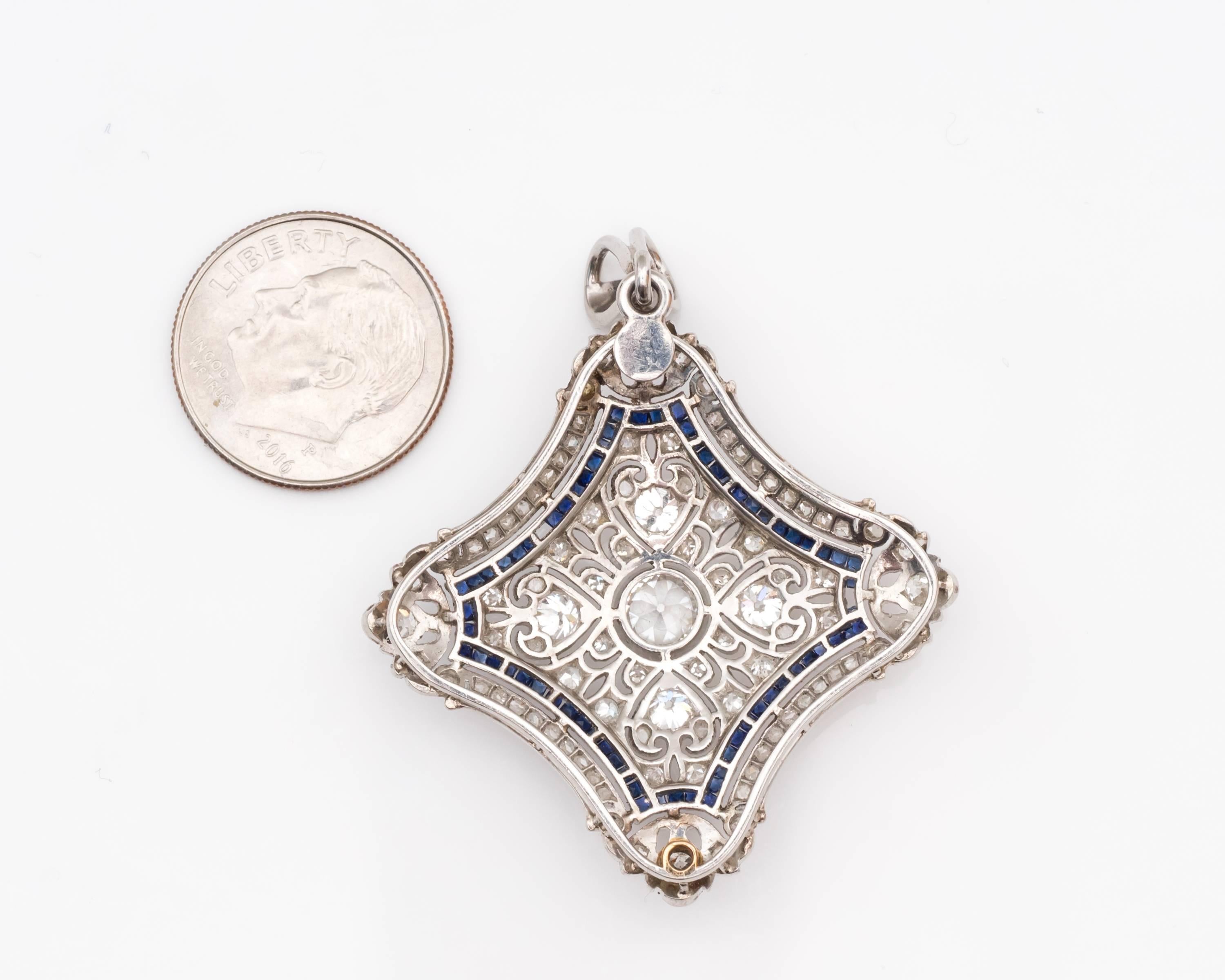Women's or Men's Antique Sapphire Diamond Gold Platinum Pendant