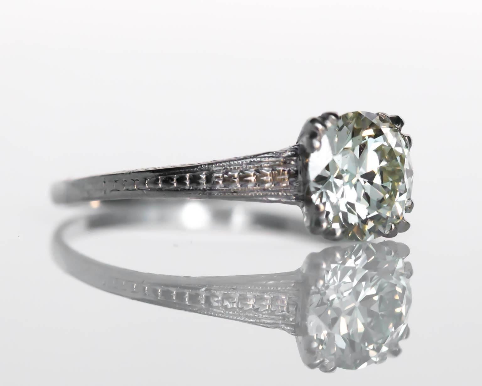 1920s Art Deco GIA Certified 1.31 Carat Diamond Platinum Engagement Ring In Excellent Condition For Sale In Atlanta, GA