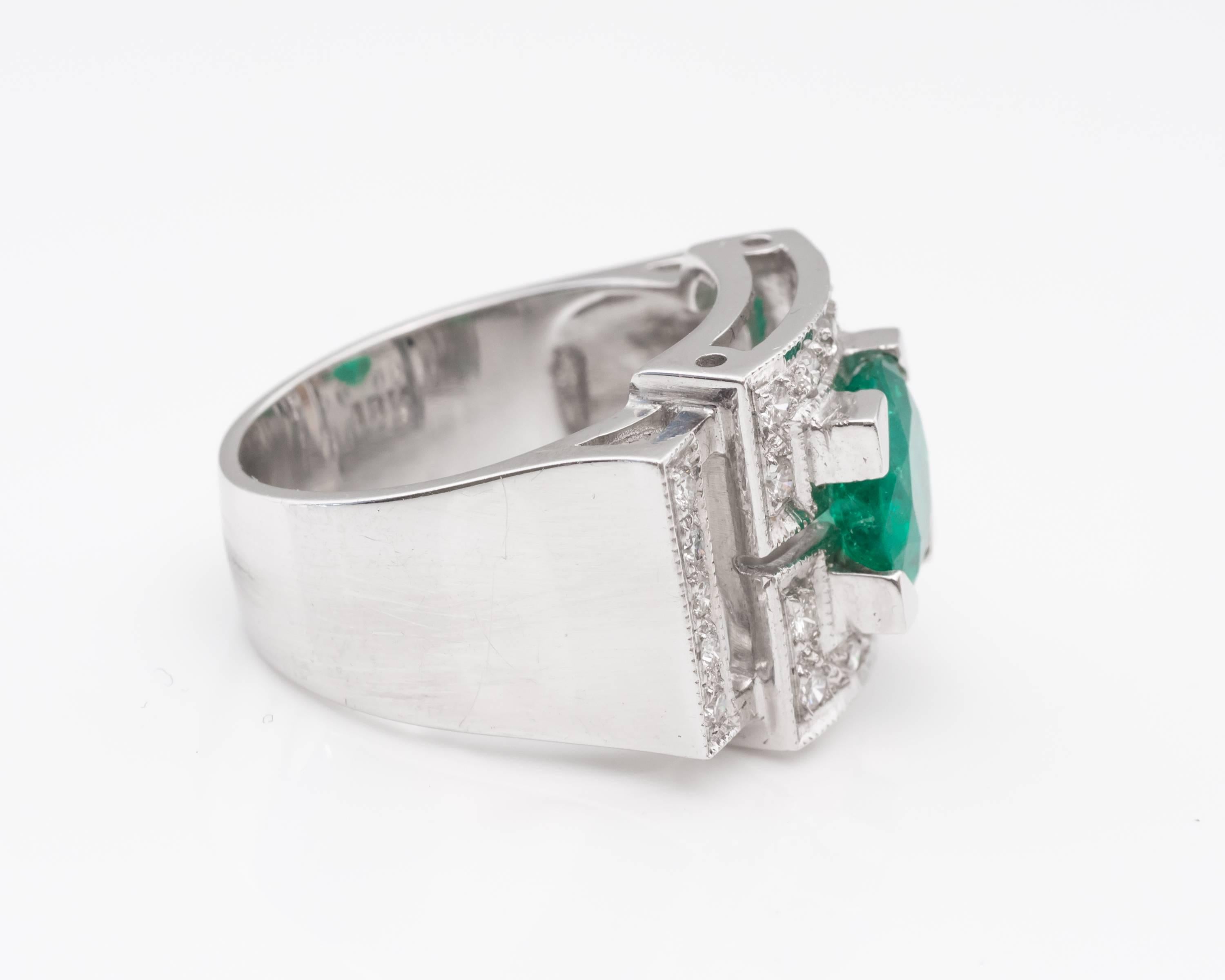 Immaculate 18 Karat White Gold Ring featuring Colombian Emerald and Diamond
Emerald is certified gemstone from Professional Gem Sciences Laboratory (Paperwork is accompanied with purchase), weighing 1.70 carats total. Set in Four Triangular Prongs