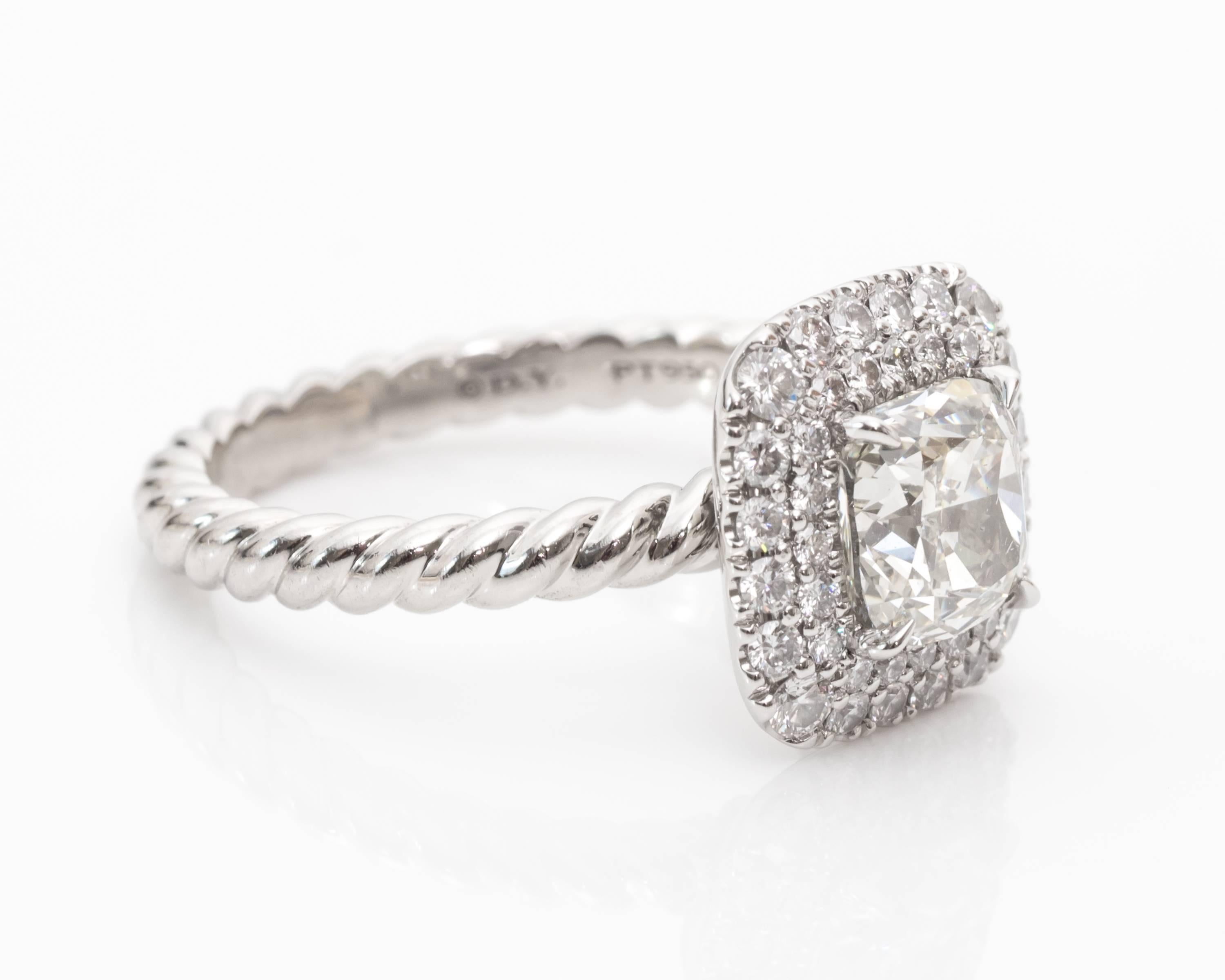 Stunning Double Cushion Halo Engagement Ring
Features 1.71 Carat GIA Certified Diamond, Cushion Cut, K Color, SI1 Clarity 
GIA Certificate Accompanied, Report # 2175815806

Platinum Crafted Mounting by Iconic Designer David Yurman
Signature