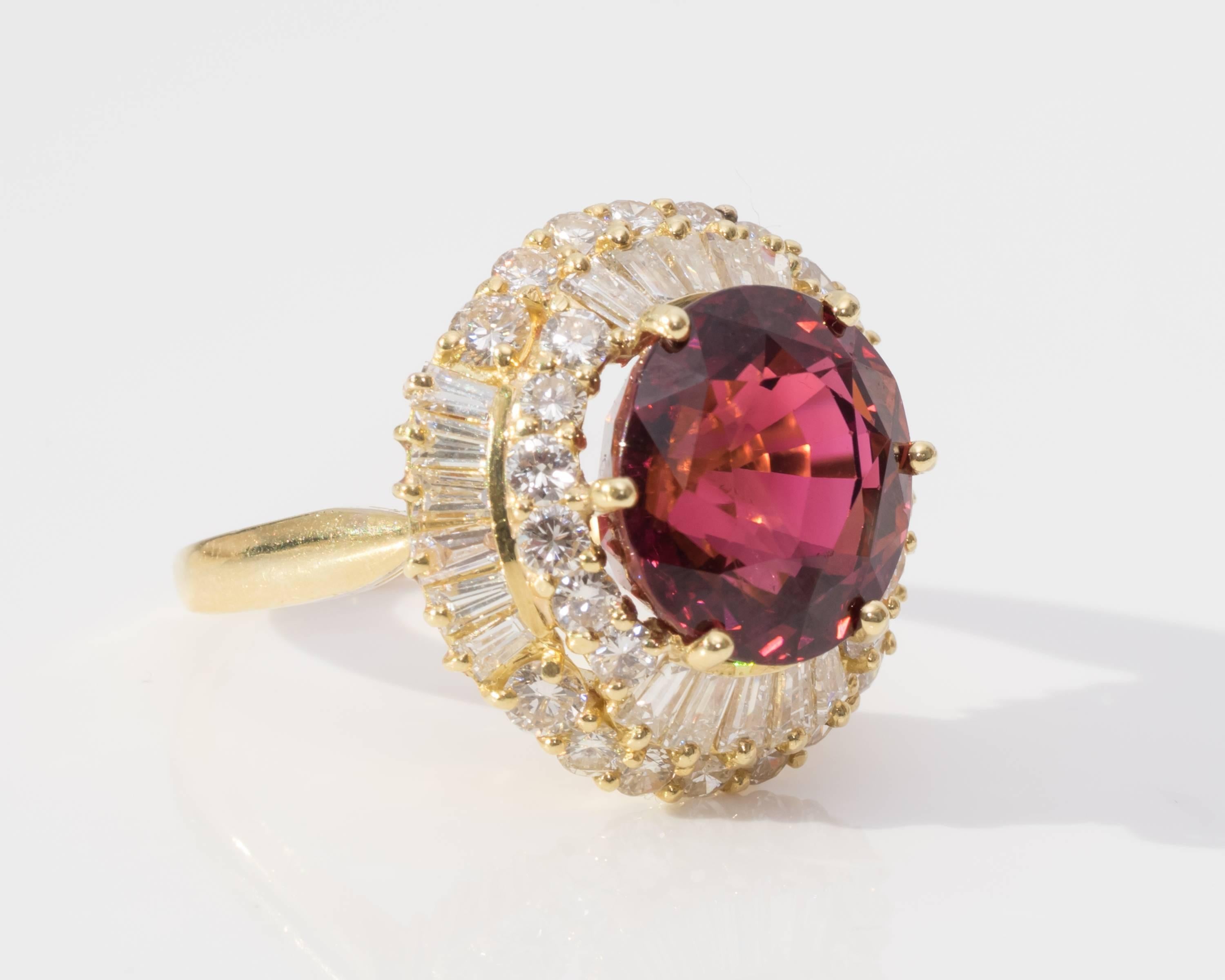 Beautiful Ornate Cocktail Ring 
Features 5 Carat Tourmaline, Vivid Colors Purplish/Pink/Red Hues
Features over 4 Carats Total Weight of Diamonds, H/I Color, VS-SI Clarity
Diamonds are a mix of Baguette Cuts and Round Brilliant Cuts
All Diamonds are