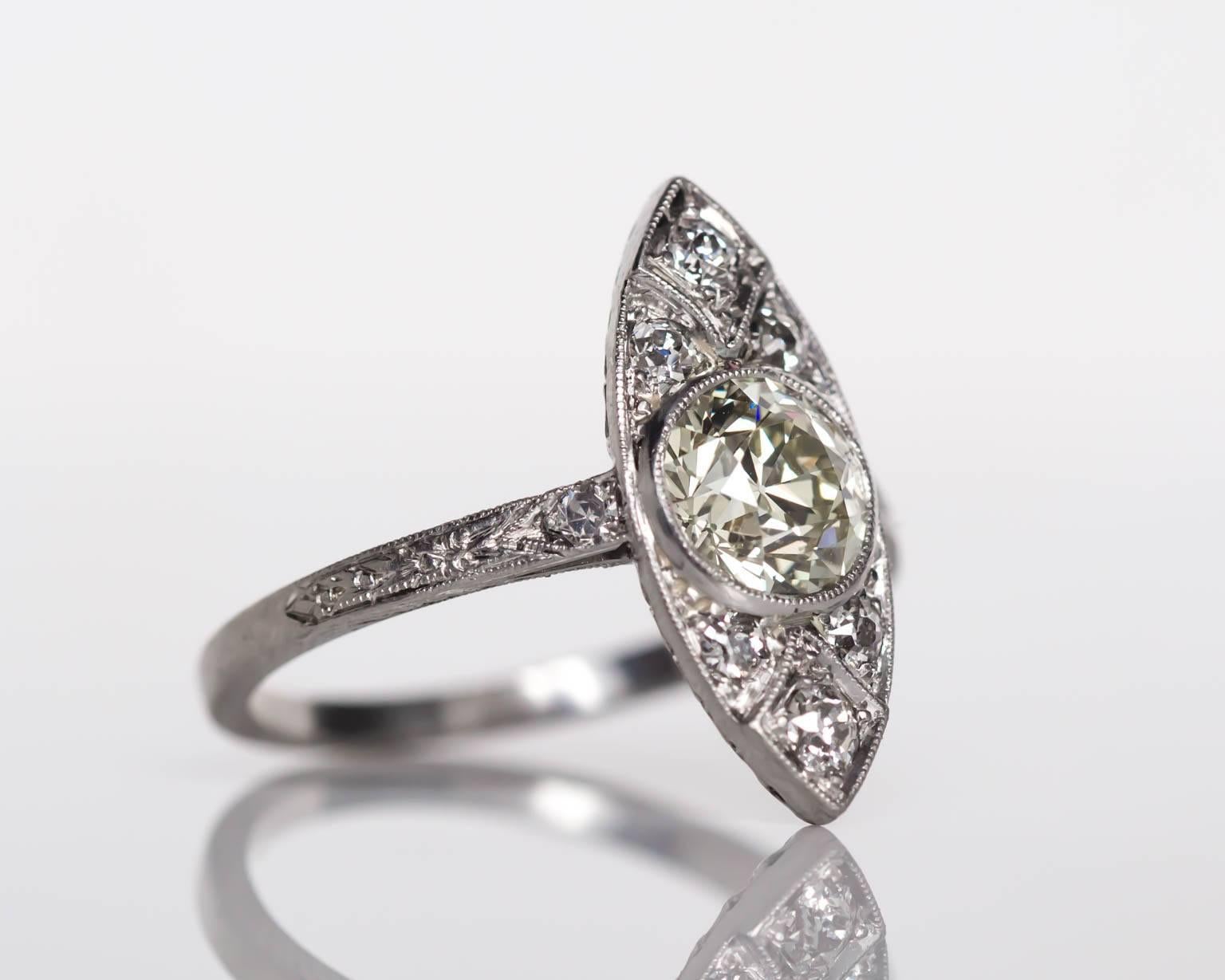 Old European Cut 1920s Art Deco Platinum Navette Shape GIA Certified 1.10 Carat Diamond Ring