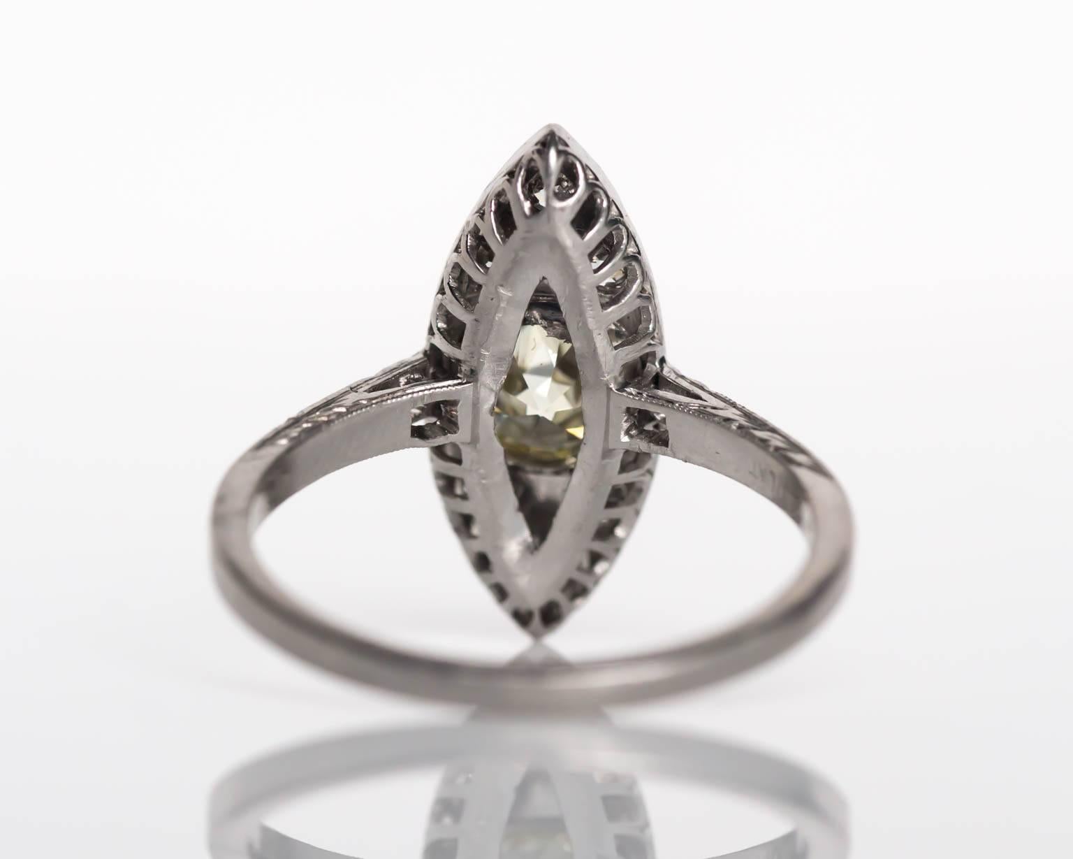 1920s Art Deco Platinum Navette Shape GIA Certified 1.10 Carat Diamond Ring In Excellent Condition In Atlanta, GA