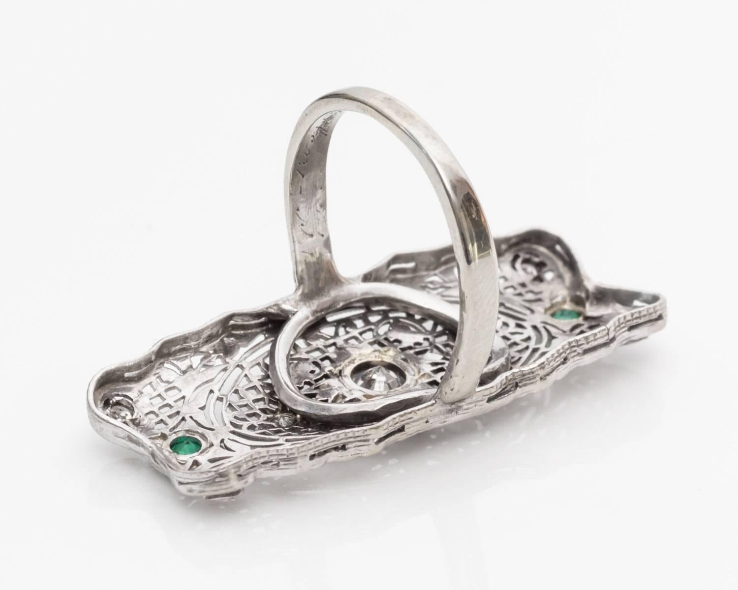 1940s Diamond and Emerald Filigree Shield Ring In Good Condition In Atlanta, GA