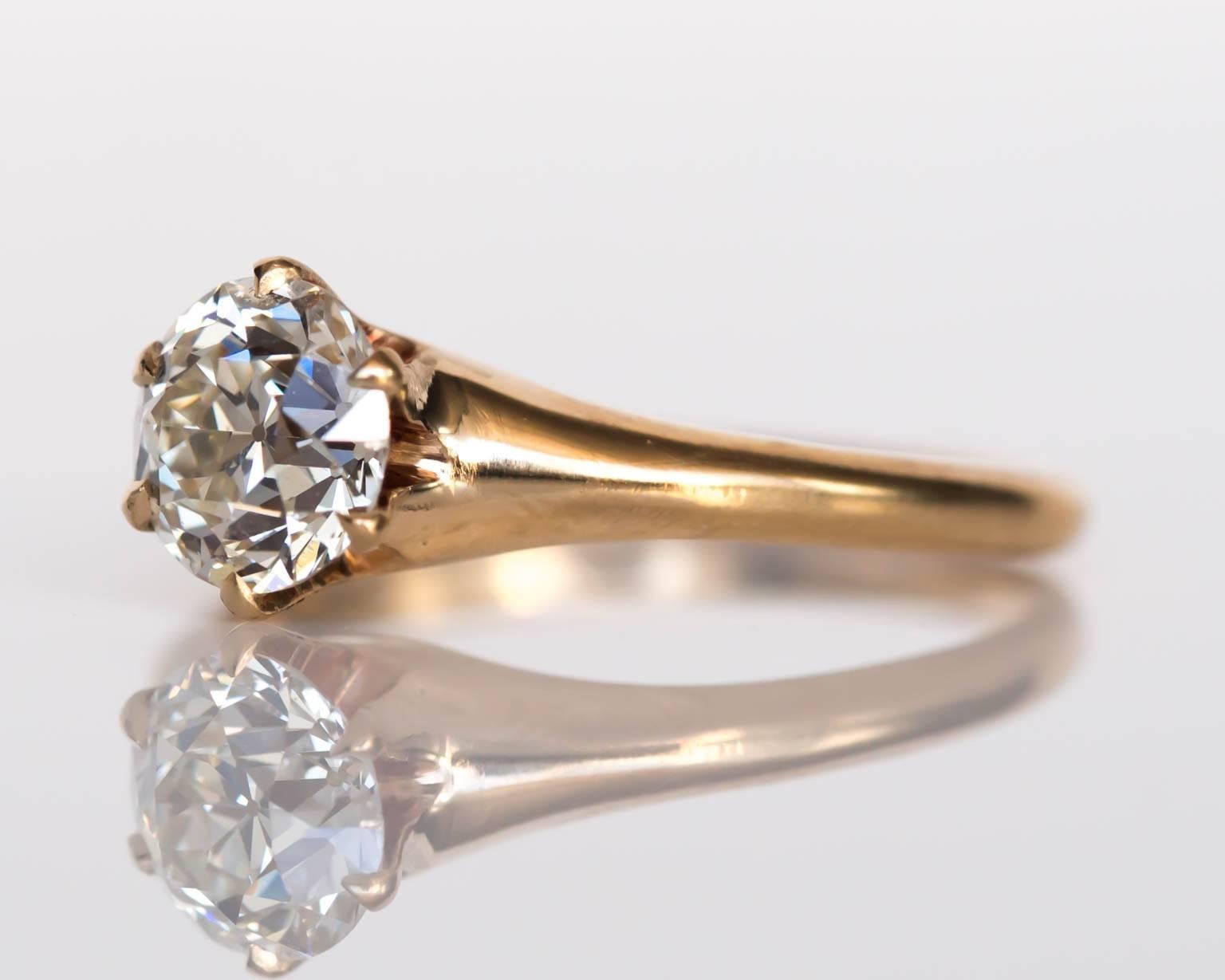 Item Details: 
Ring Size: 5
Metal Type: 14 Karat Yellow Gold
Weight: 2.4 grams

Center Diamond Details:
Shape: Old European Cut
Carat Weight: .93 carat
Color: I
Clarity: VS1

Finger to Top of Stone Measurement: 6.50mm