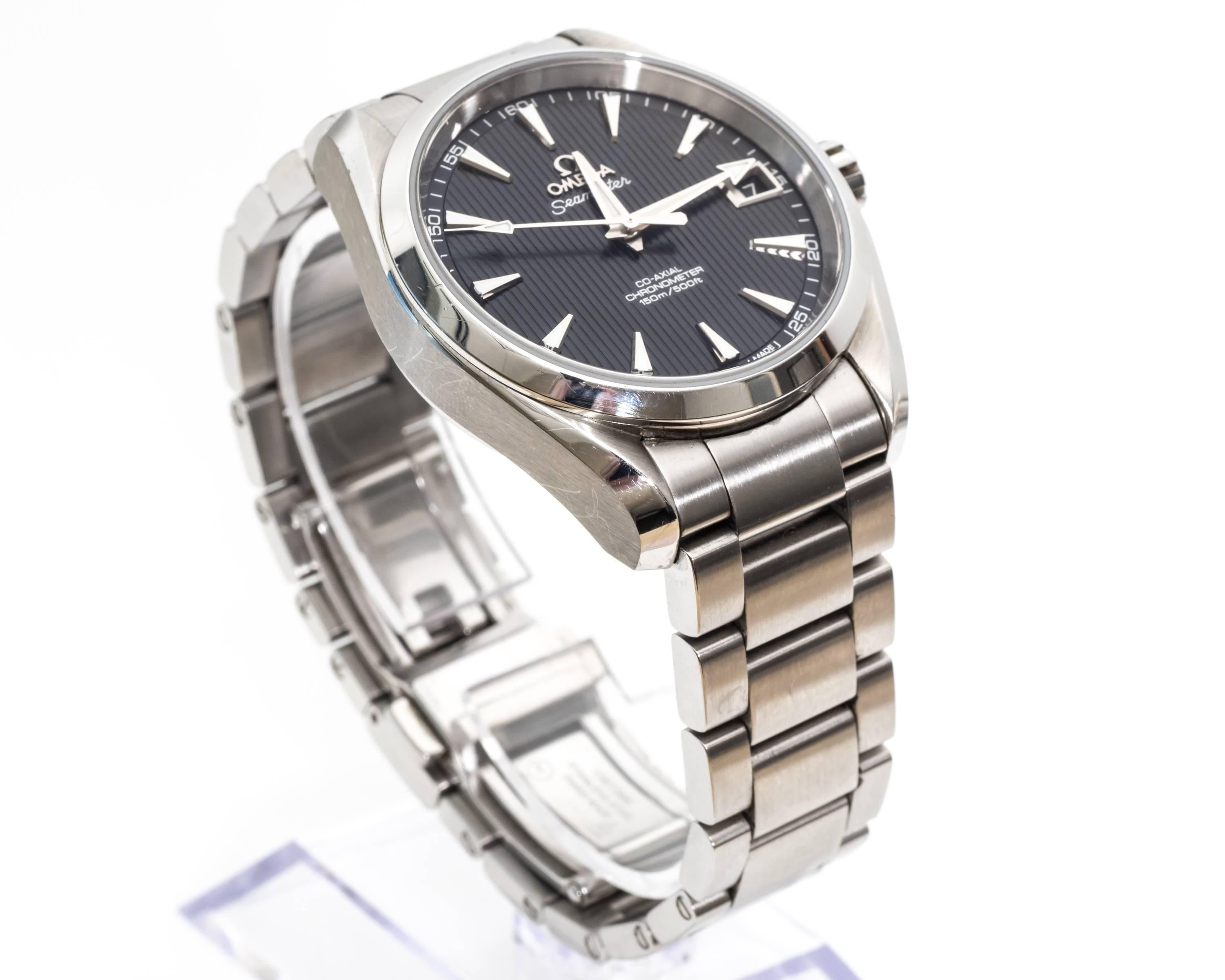 Omega Seamaster Aquaterra 
40 millimeter case
Stainless Steel
CO-AXIAL Automatic Movement 
Sapphire Crystal
Deployment Clasp
Fits up to 7.5 Inch Wrist
