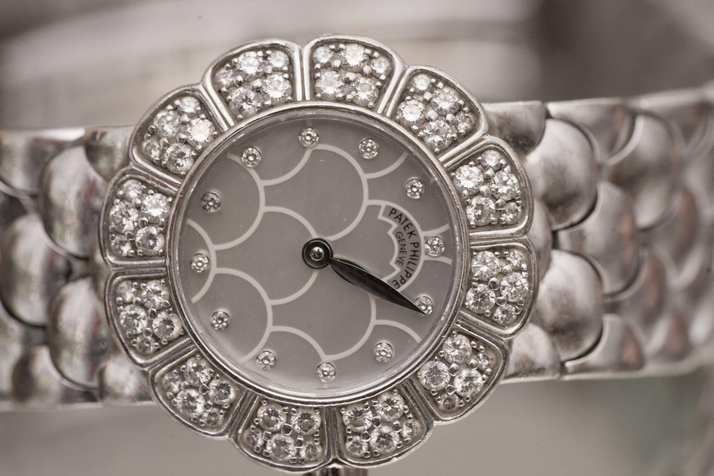 Men's Patek Philippe Ladies White Gold Diamond Dial Wristwatch 
