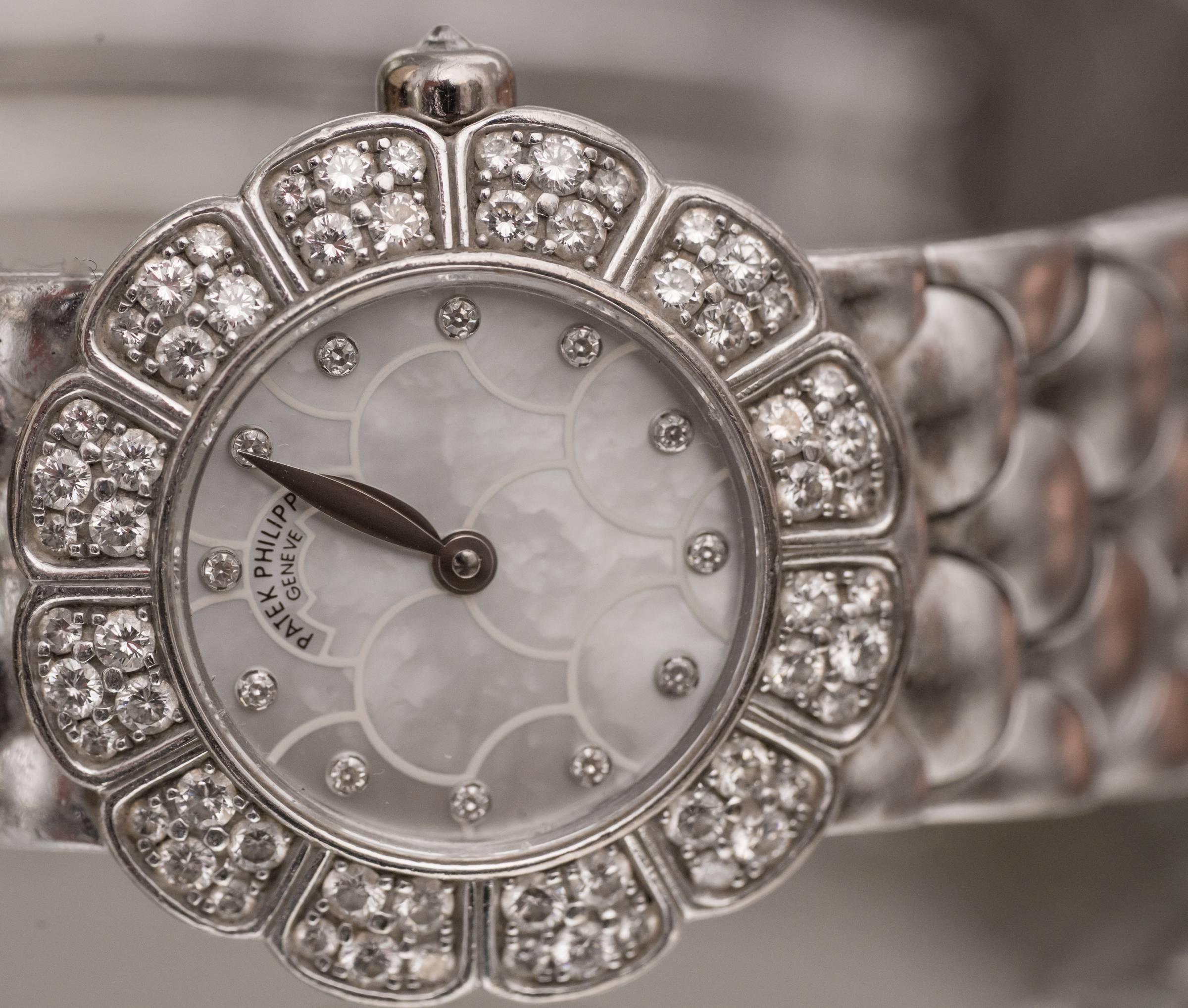 Patek Philippe Ladies White Gold Diamond Dial Wristwatch  In Excellent Condition In Atlanta, GA
