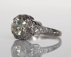 Anello di fidanzamento Art Deco anni '30 in platino da 1,60 carati con diamante vecchio taglio europeo