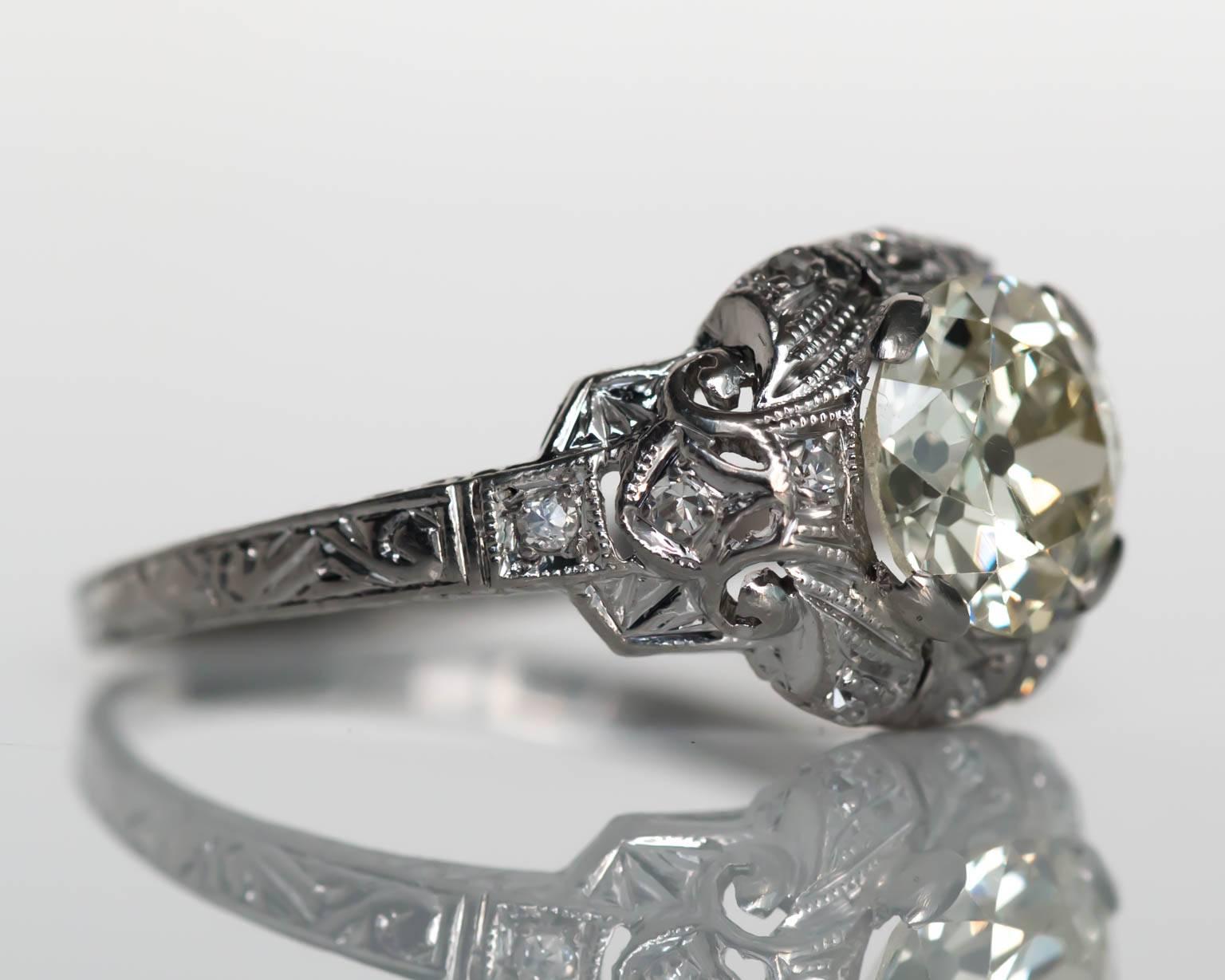 Taille vieille Europe Bague de fiançailles Art déco des années 1930 en platine avec diamant taille vieille Europe de 1,60 carat en vente