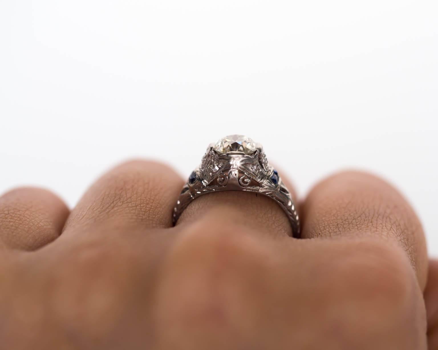 1920s Art Deco Platinum 1.09 Carat Diamond Engagement Ring with Sapphires For Sale 1
