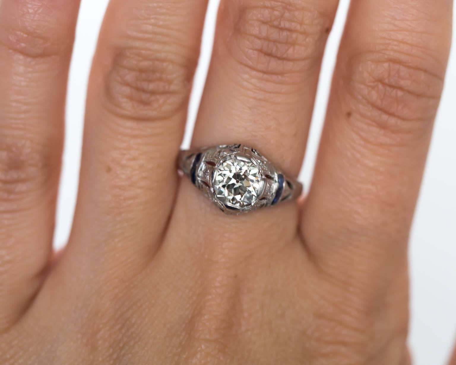 1920s Art Deco Platinum 1.09 Carat Diamond Engagement Ring with Sapphires In Excellent Condition For Sale In Atlanta, GA
