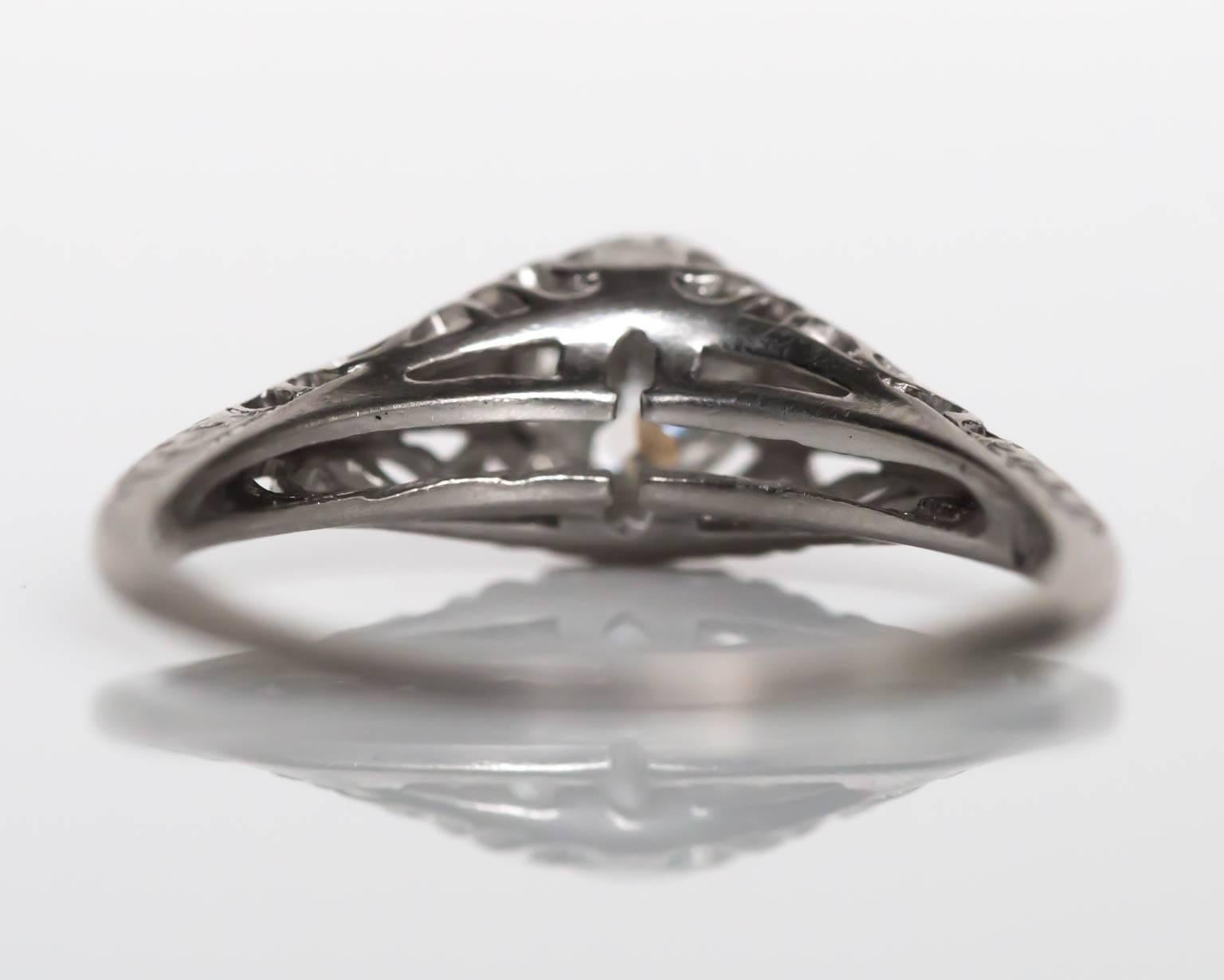 1930s Art Deco Platinum GIA Certified .49 Carat Diamond Engagement Ring In Excellent Condition In Atlanta, GA