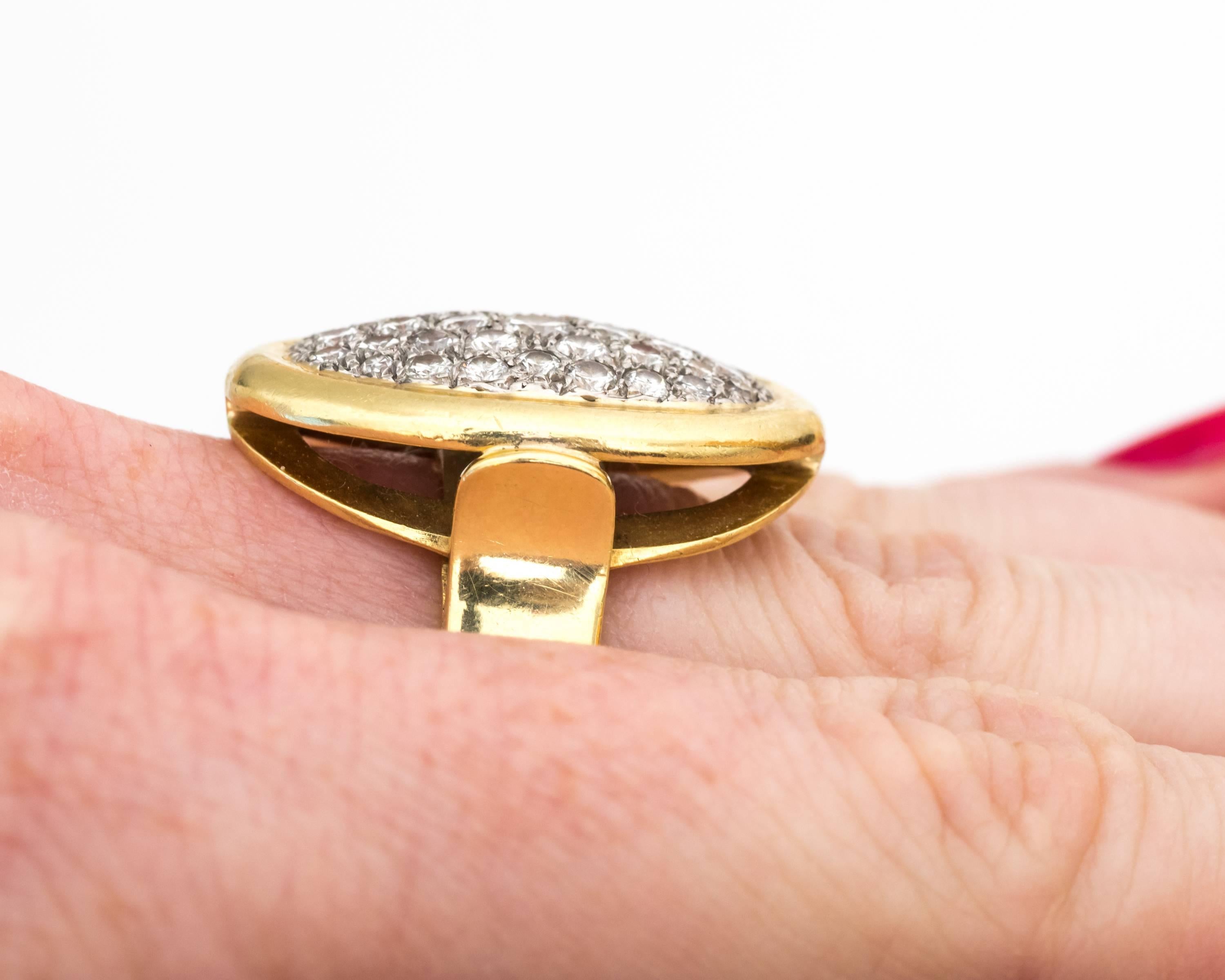 1950s Pave Diamond and 18 Karat Yellow Gold Oval Cocktail Ring In Good Condition In Atlanta, GA