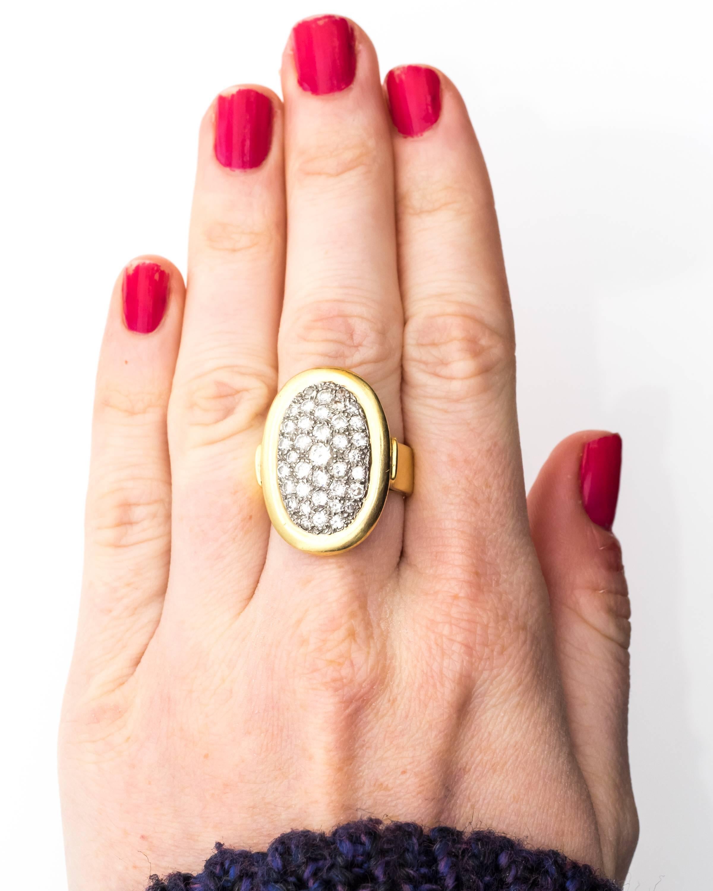 Women's 1950s Pave Diamond and 18 Karat Yellow Gold Oval Cocktail Ring