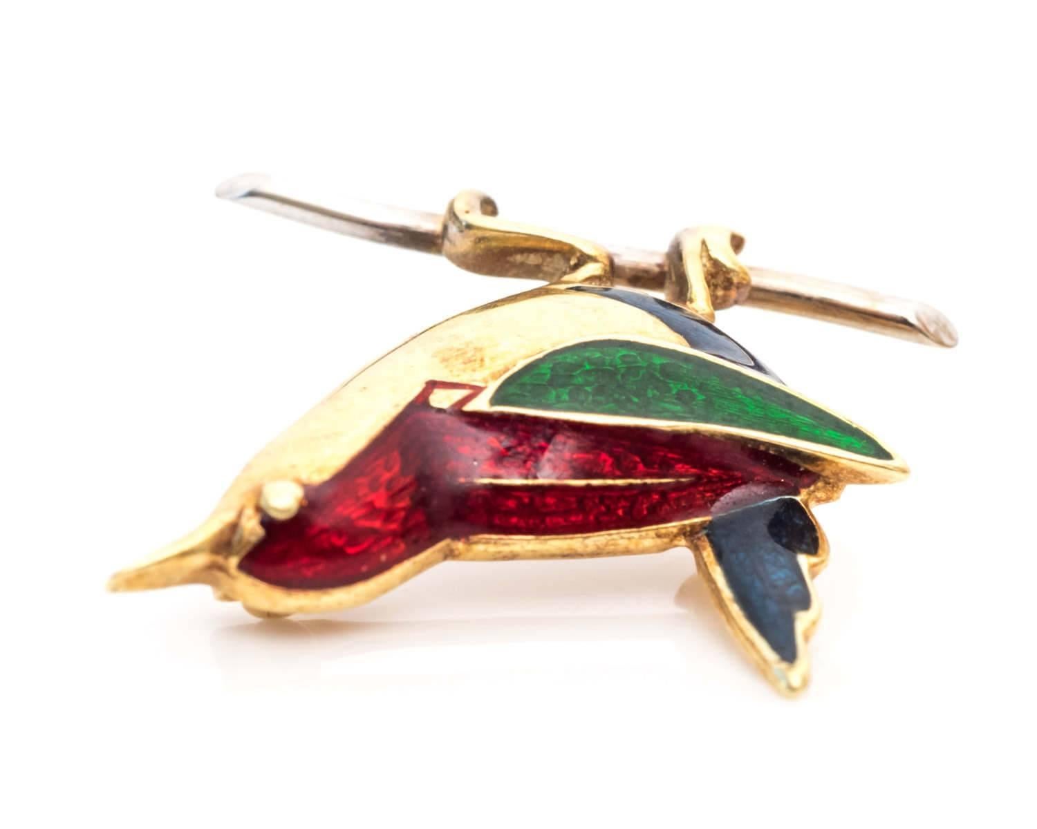 Retro 1950s Bird Motif Brooch Pin with Colorful Enamel and 14 Karat Gold
