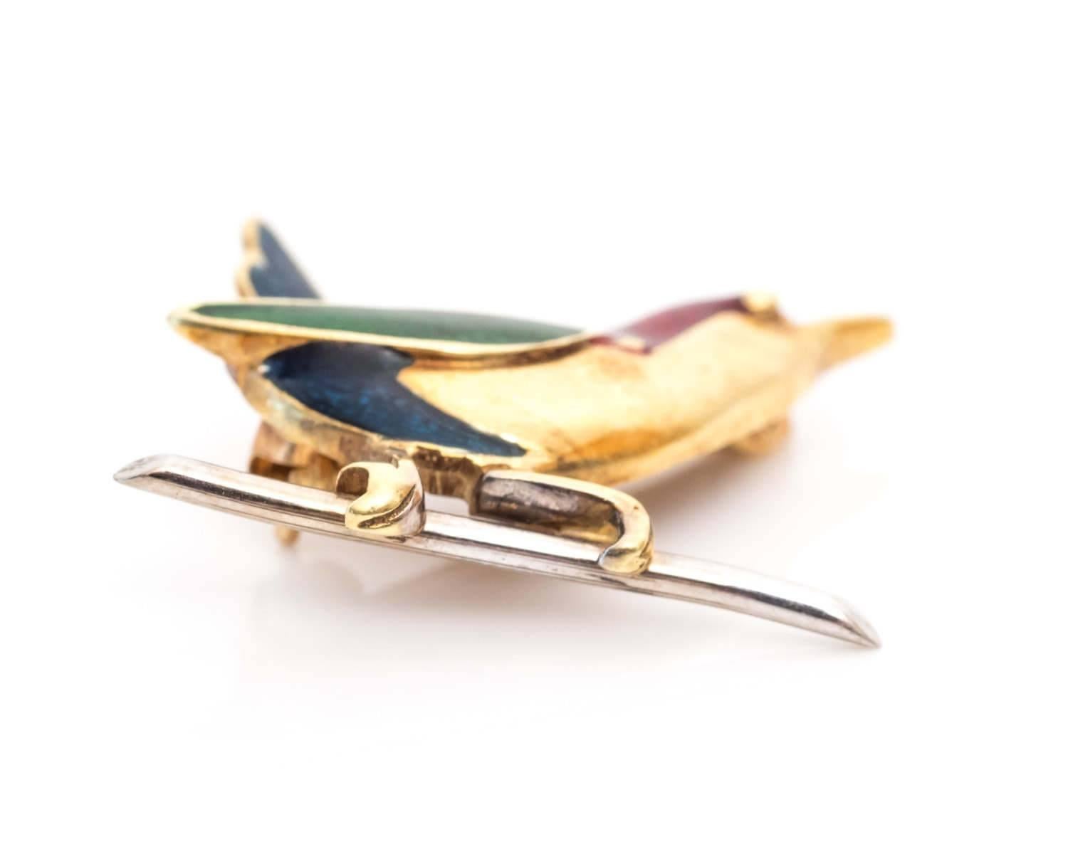 1950s Bird Motif Brooch Pin with Colorful Enamel and 14 Karat Gold In Good Condition In Atlanta, GA