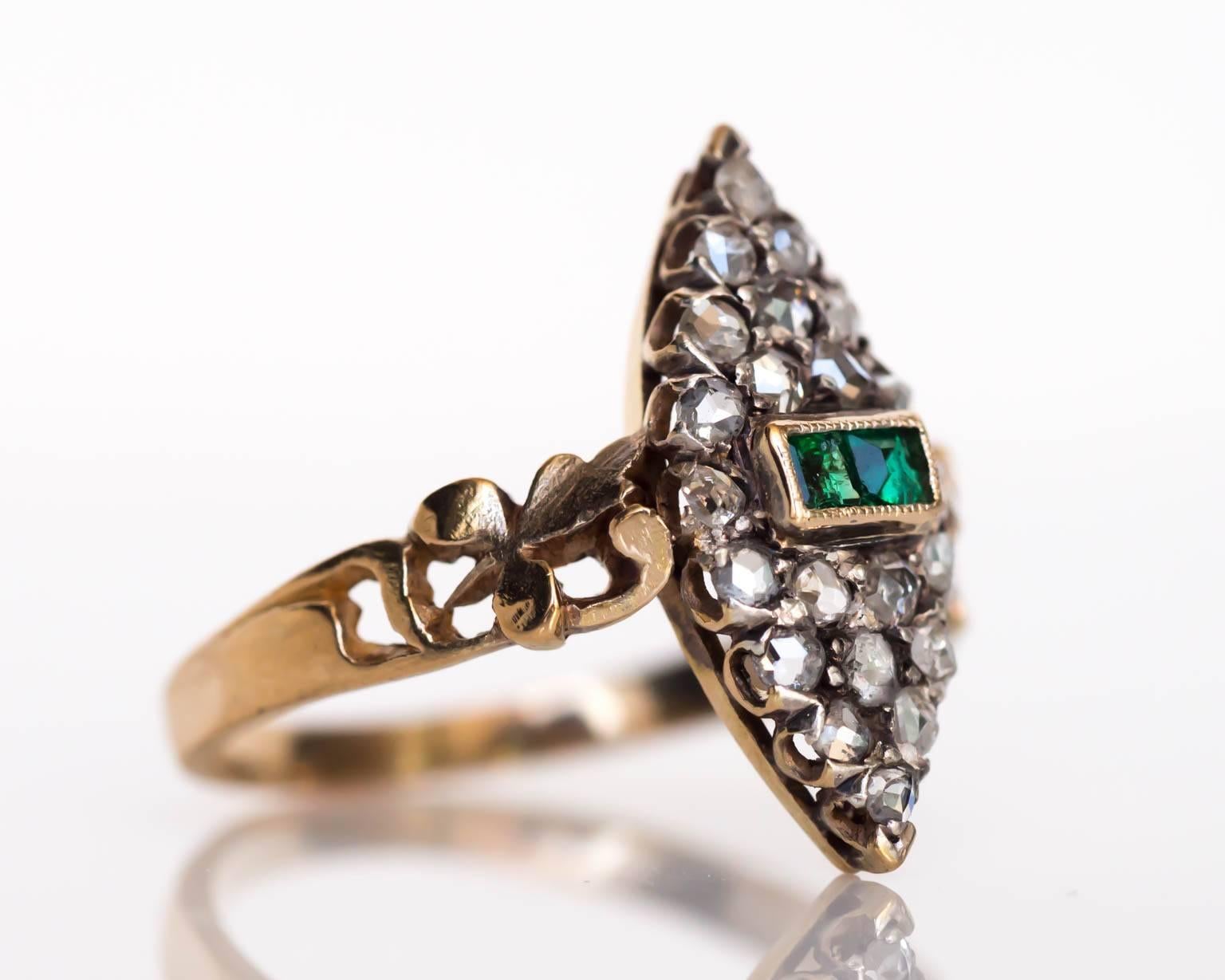 1880s Victorian Yellow Gold Diamond and Emerald Engagement Ring In Excellent Condition In Atlanta, GA