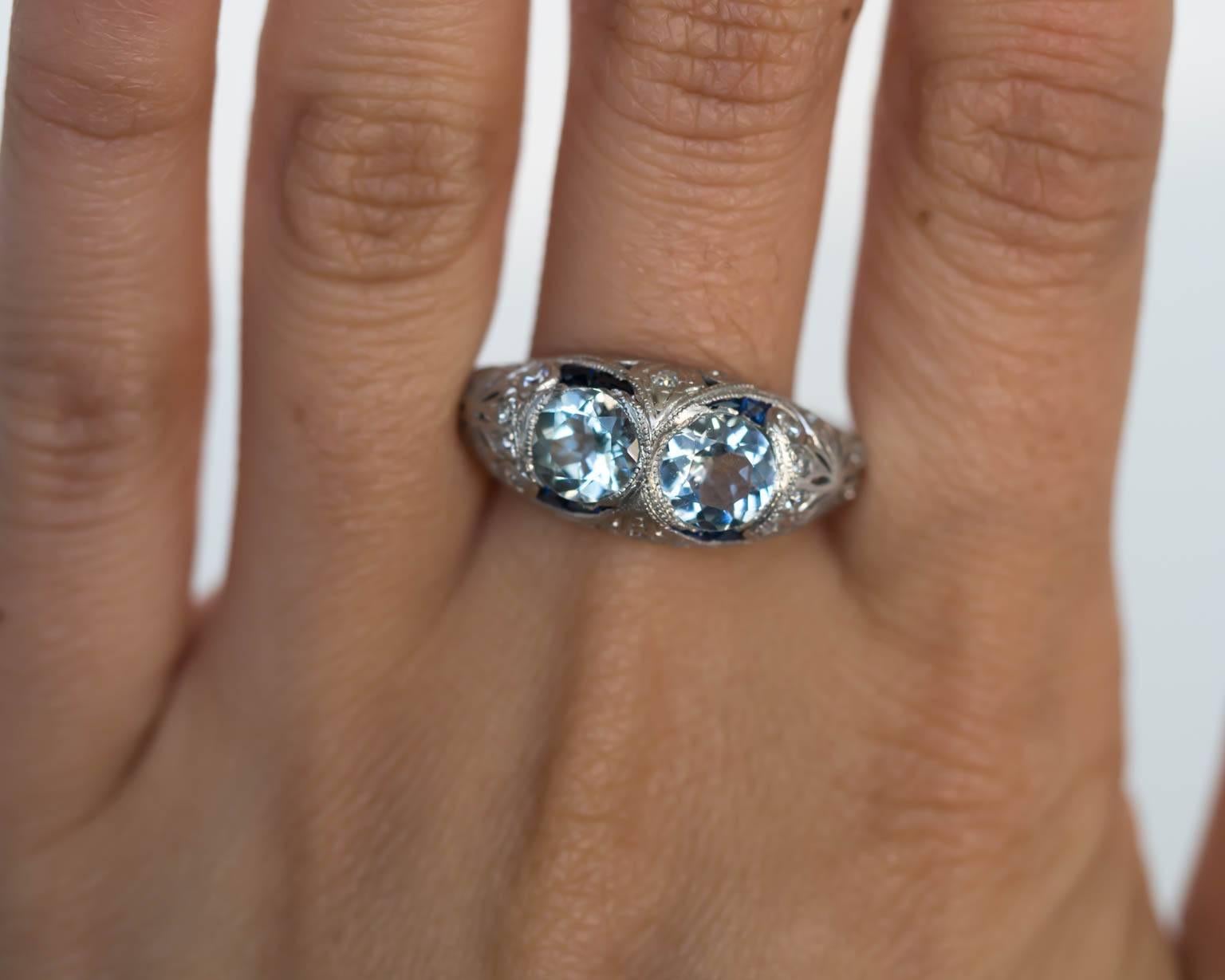 French Cut 1920s Art Deco Aquamarine Sapphire Diamond Platinum Engagement Ring