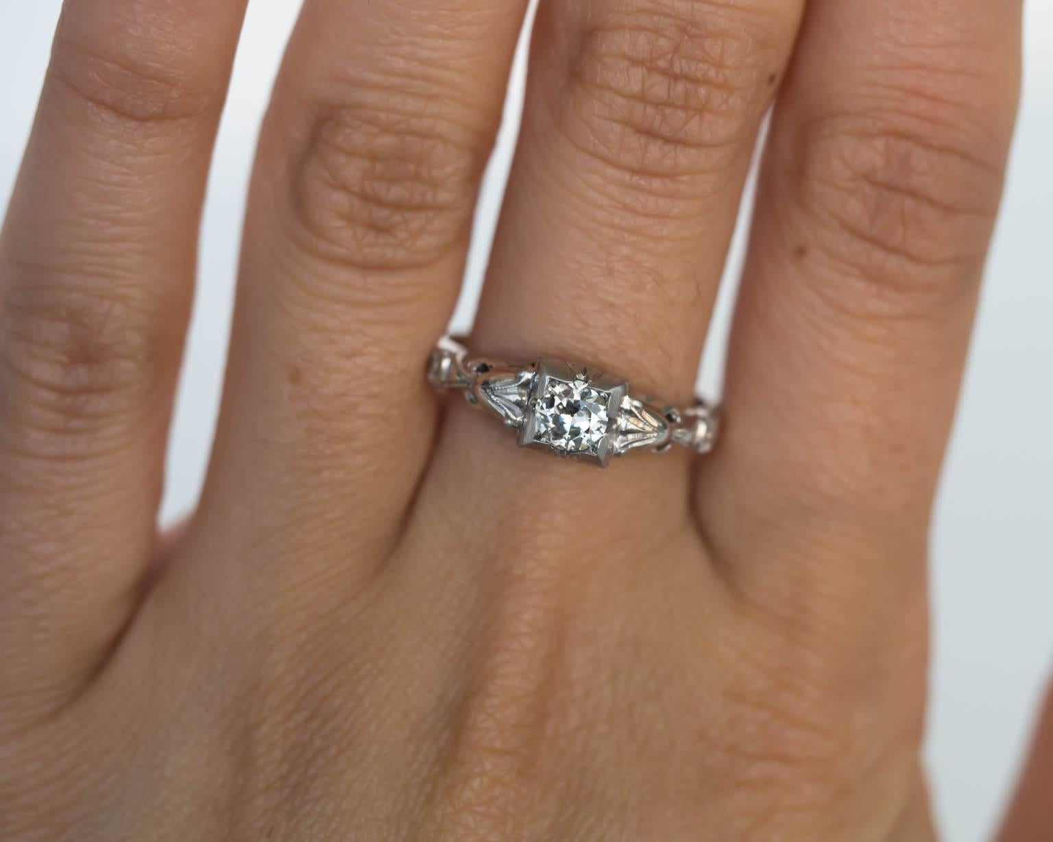 Women's 1940s Art Deco .32 Carat Old European Cut Diamond White Gold Engagement Ring For Sale