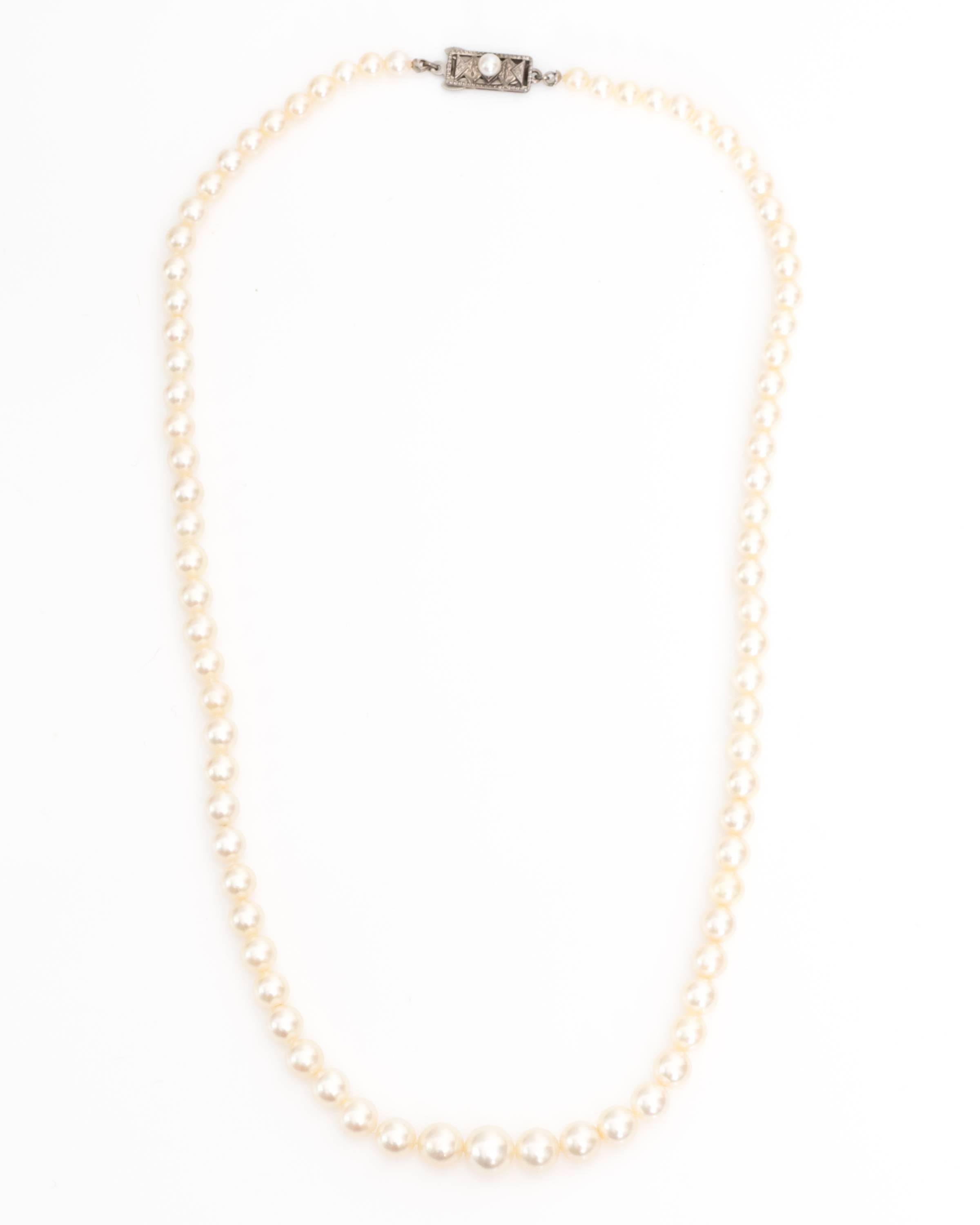 Necklace Details:
Metal Type: Sterling Silver
Size: 17 inches
Weight: 20.1 g

Mikimoto Necklace with Graduating Pearls
Quality is Amazing! 
Pearls shine with a beautiful creamy luster that pairs well with any outfit or occasion
Pearls graduate in
