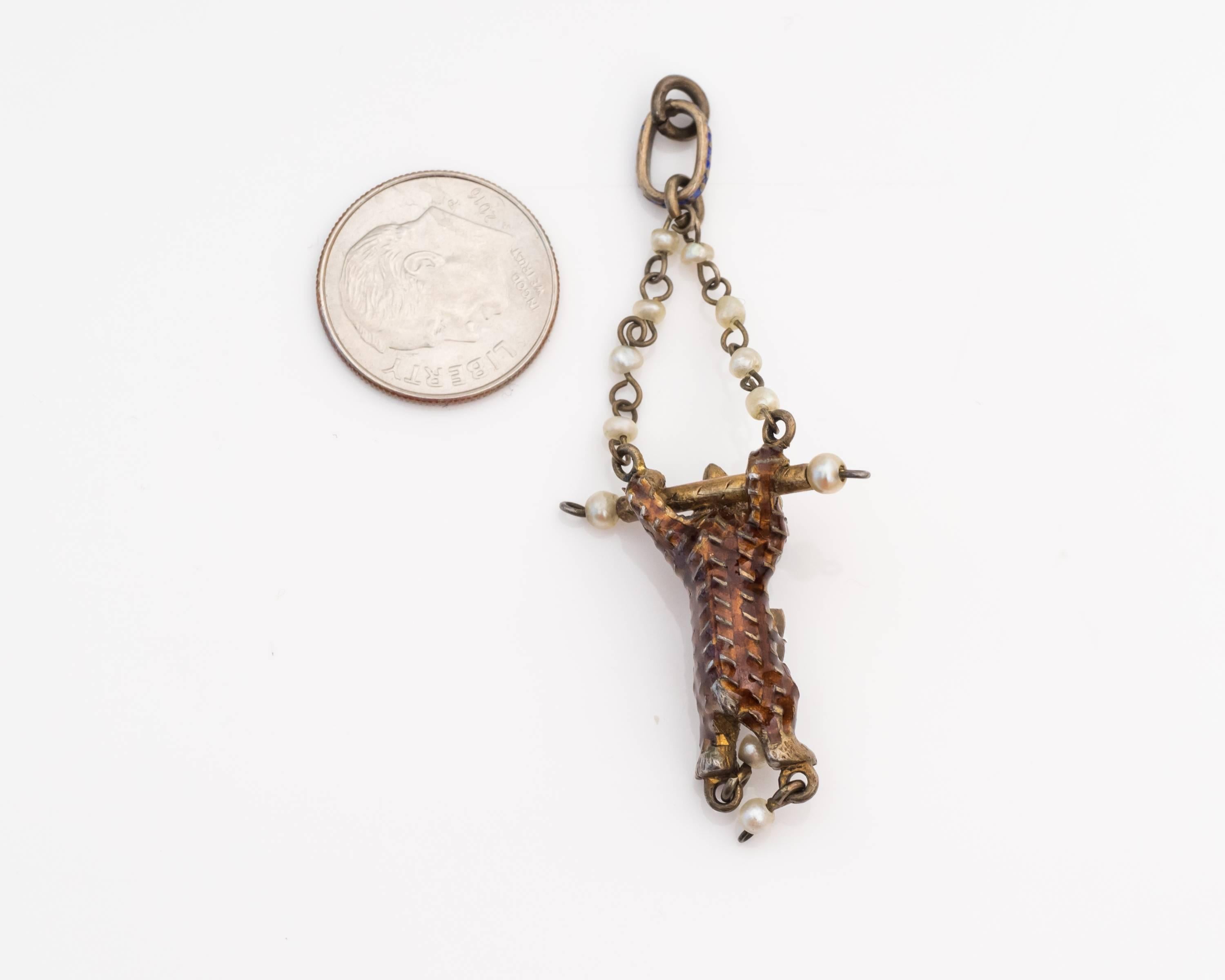 Women's or Men's 1890s Hanging Circus Bear Charm with Sapphire and Pearl Accents