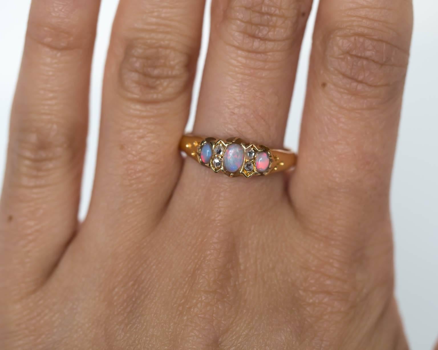 Women's 1890s Victorian Yellow Gold Opal Diamond Wedding Band Ring