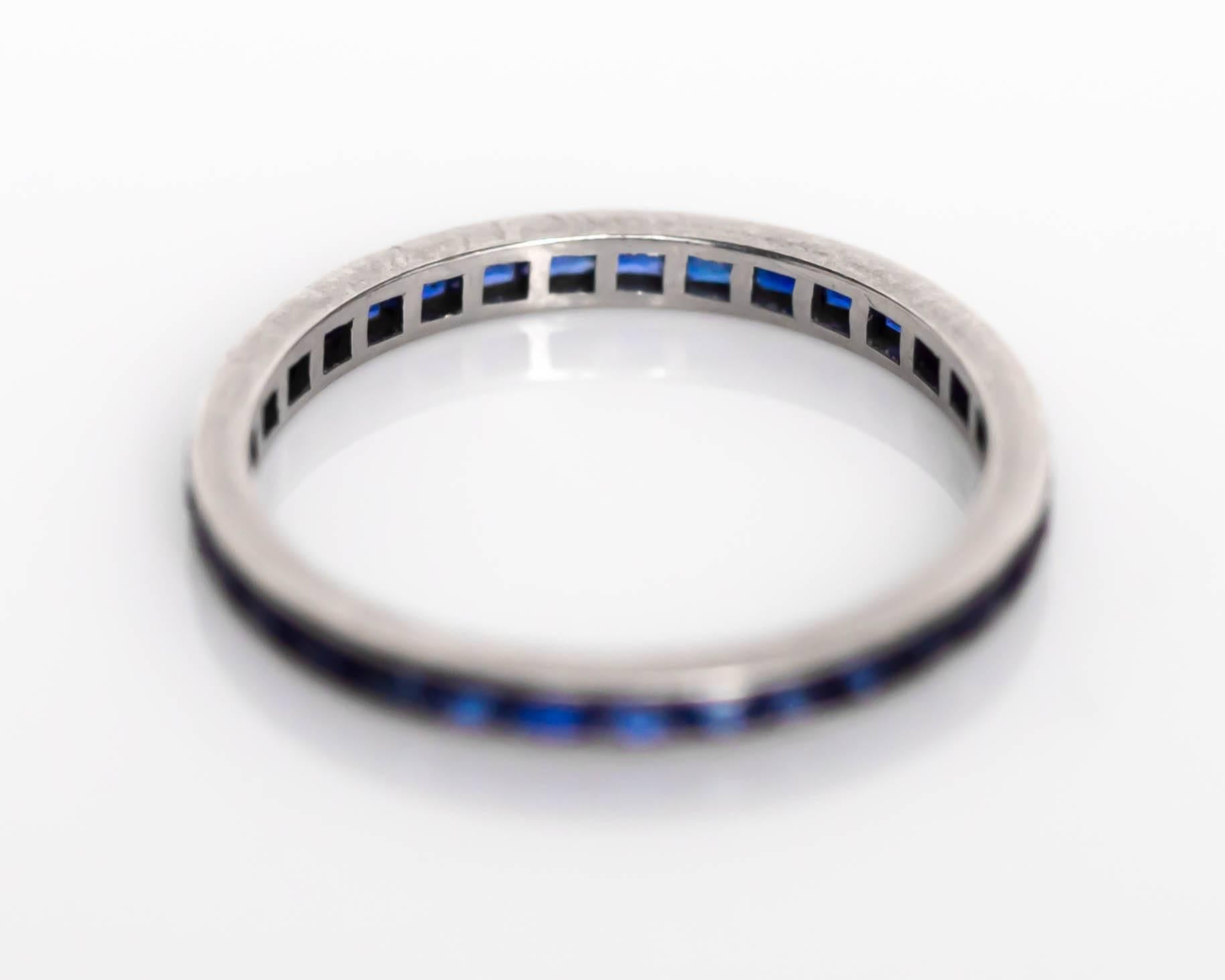 French Cut 1920s Art Deco Platinum 1.00 Total Carat Weight Natural Sapphire Wedding Band