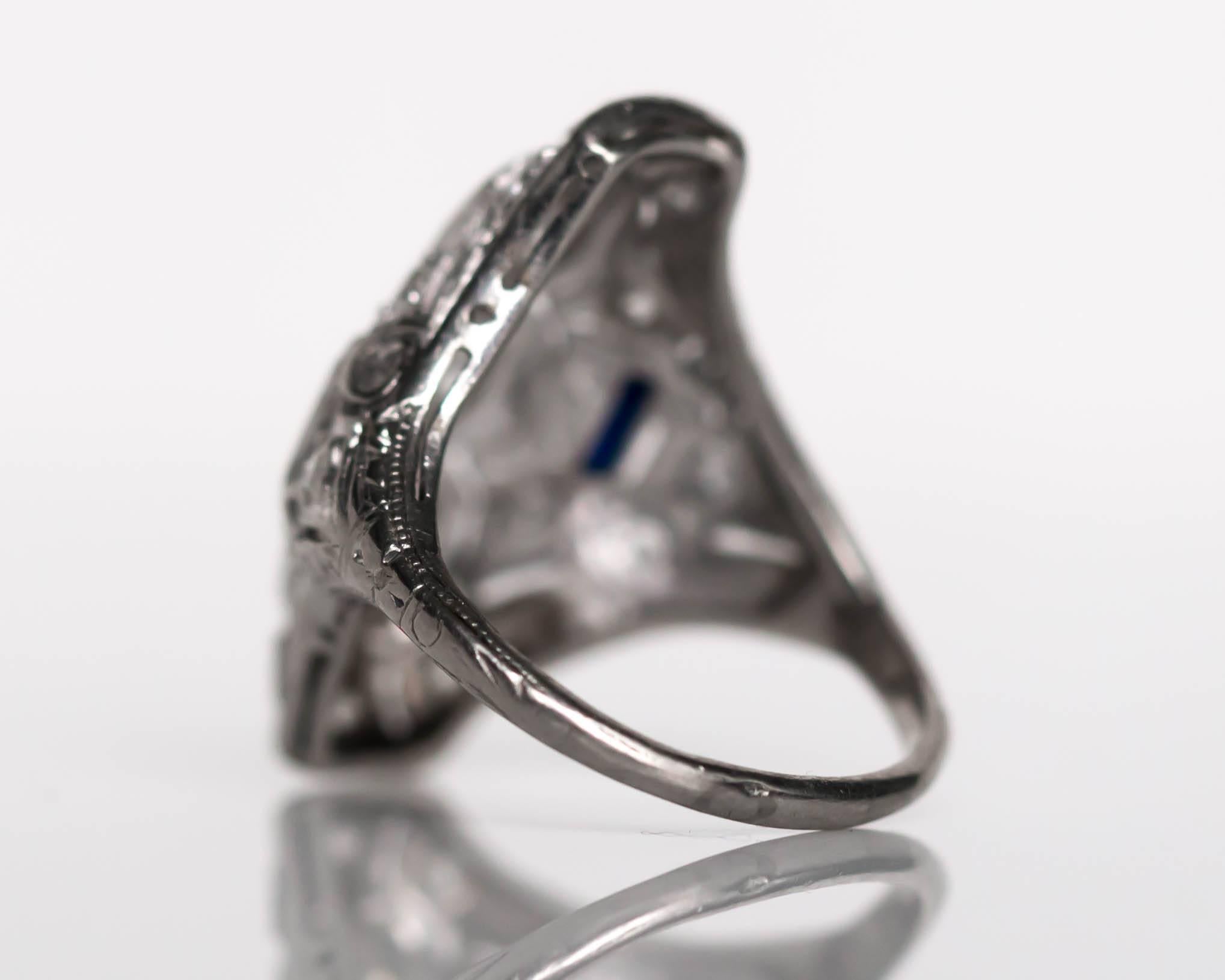 1920s Art Deco Platinum Diamond and Sapphire Shield Cocktail Ring 1