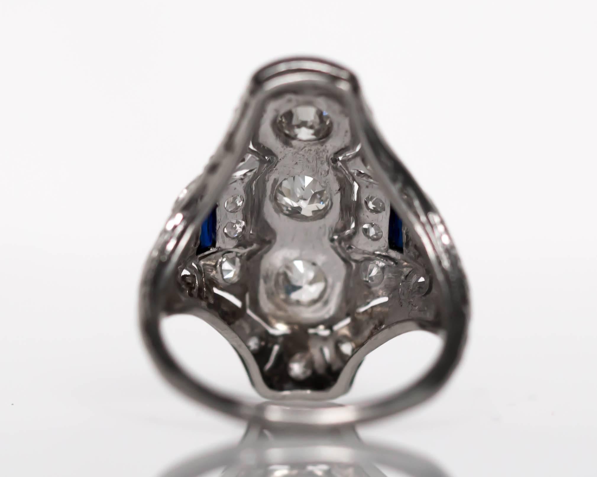 Women's 1920s Art Deco Platinum Diamond and Sapphire Shield Cocktail Ring