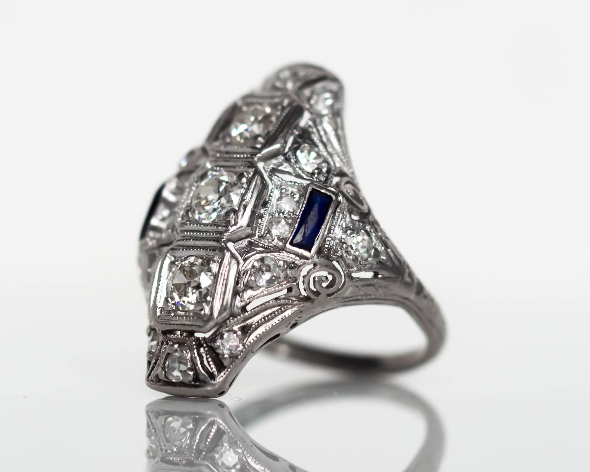 Item Details: 
Ring Size: 4
Metal Type: Platinum
Weight: 4.5 grams

Center Diamond Details:
Carat Weight: .75 carat, total weight
Color: G-H
Clarity: SI2

Color Stone Details: 
Type: Natural Sapphires
Shape: French Cut
Carat Weight: .12 carat, total